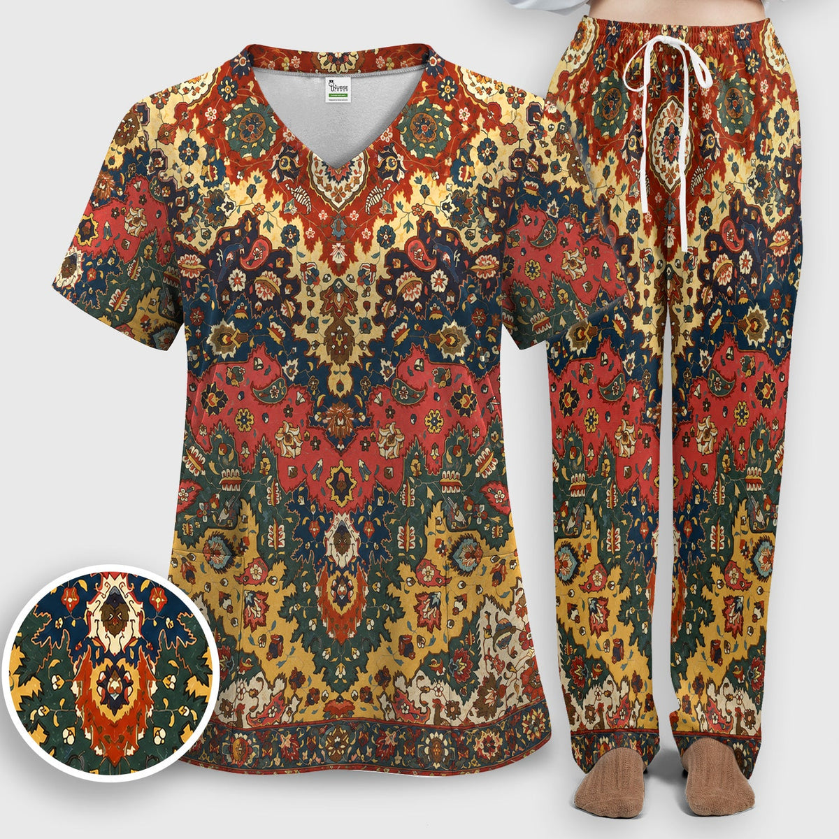Vintage Persian Rug Floral Nurse Scrub Set