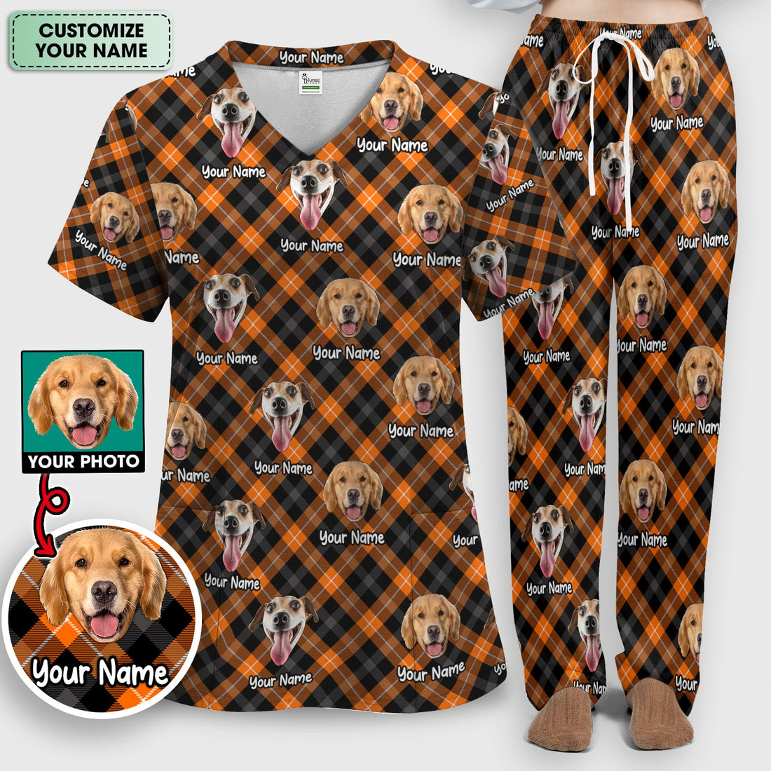Personalized Halloween Dog Photo Plaid Scrub Set