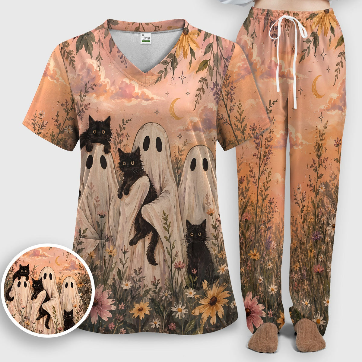 Ghosts Black Cats Nurse Scrub Set - Halloween Gift