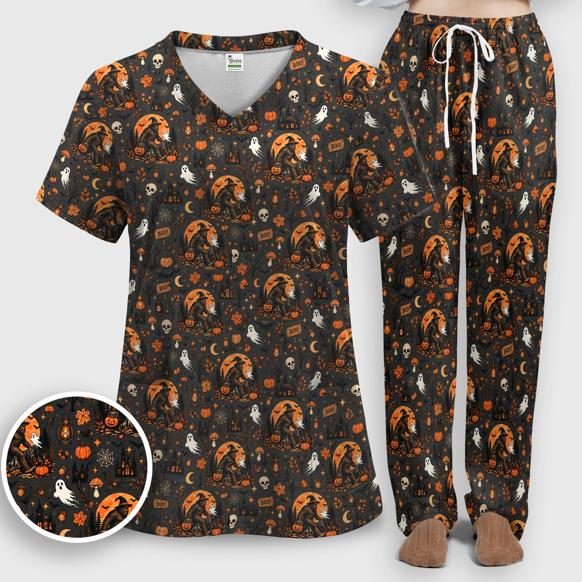 Bigfoot Ghost with Pumpkin Nurse Scrub Set - Halloween Gift