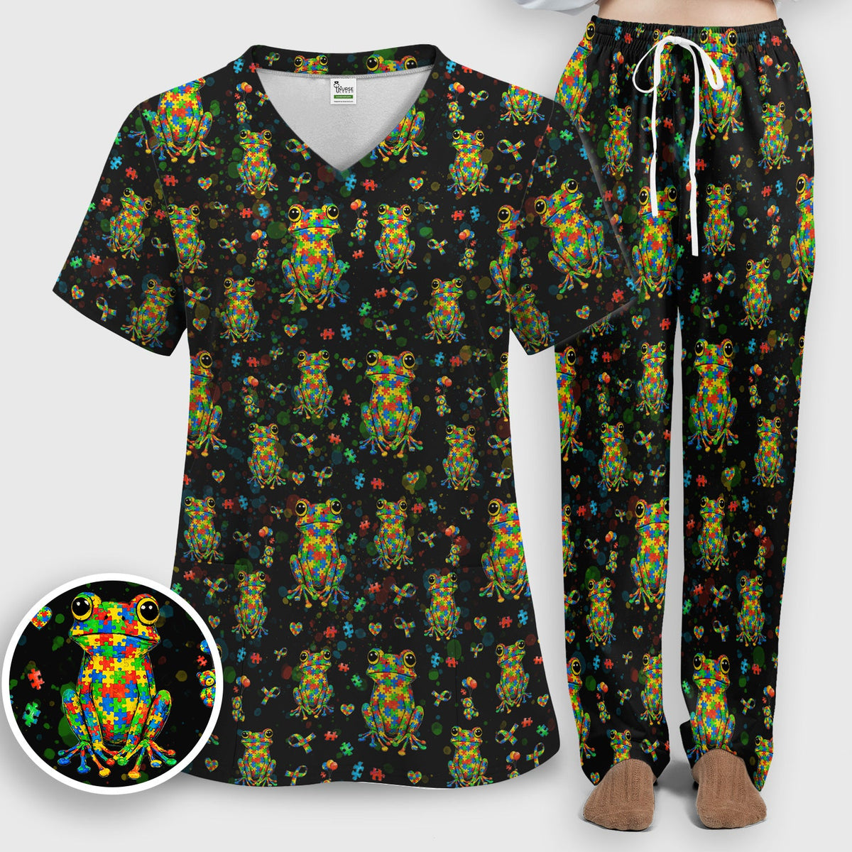 Colorful Autism Puzzle Frog Nurse Scrub Set