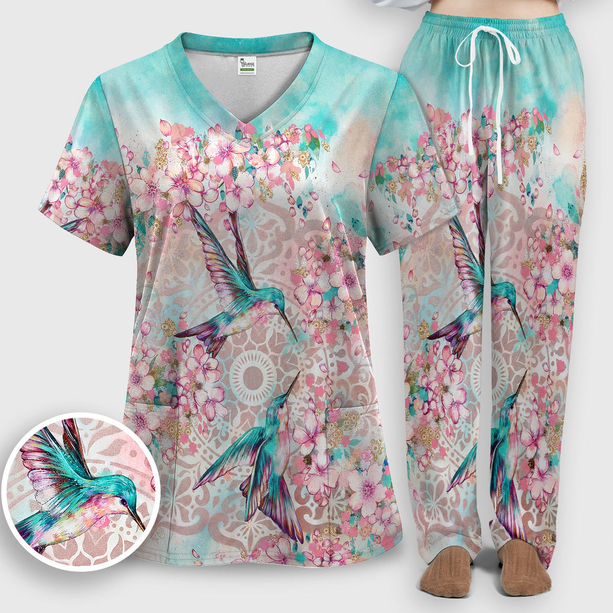 Hummingbird Cherry Blossom Nurse Scrub Set