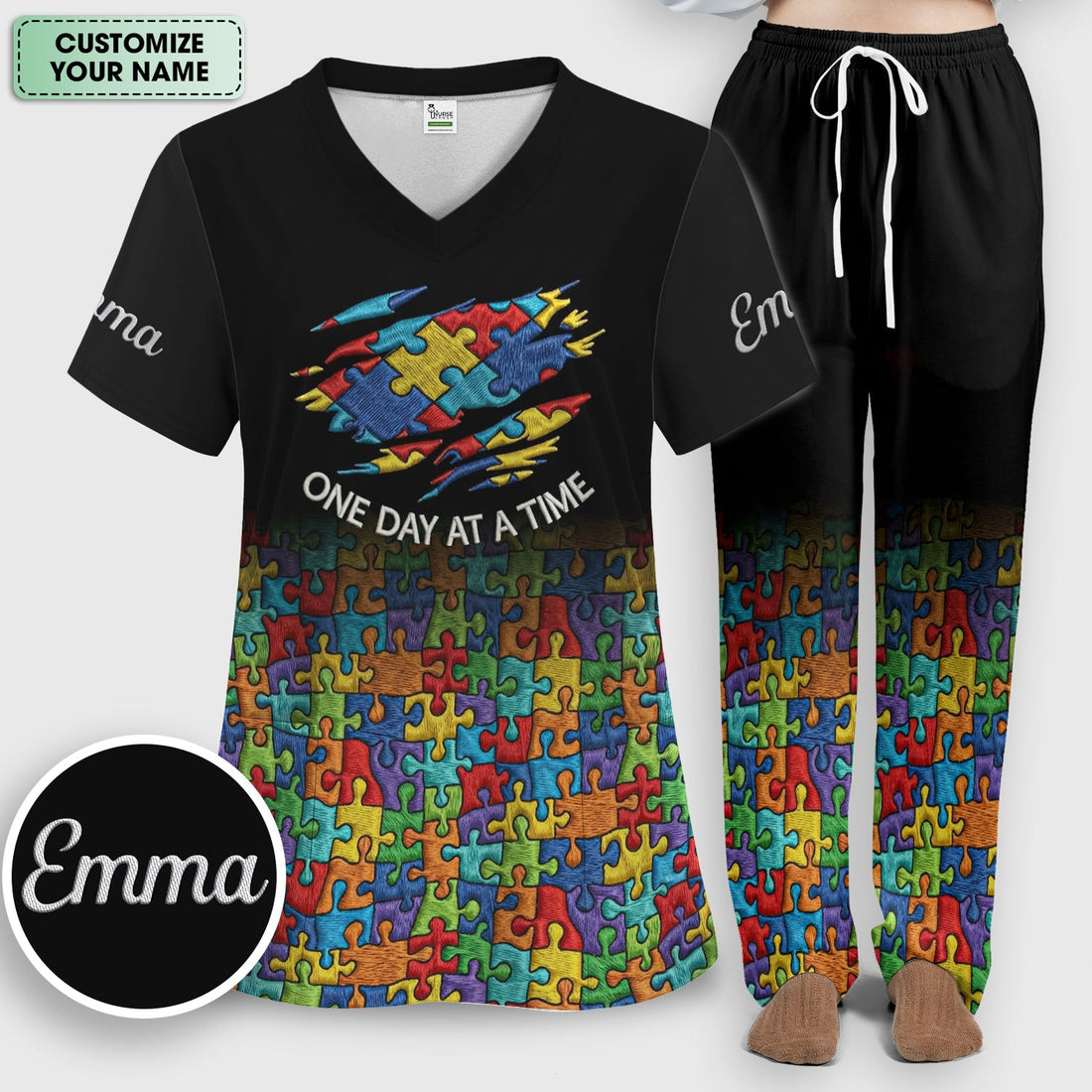 Personalized Autism Puzzle One Day At A Time Nurse Scrub Set