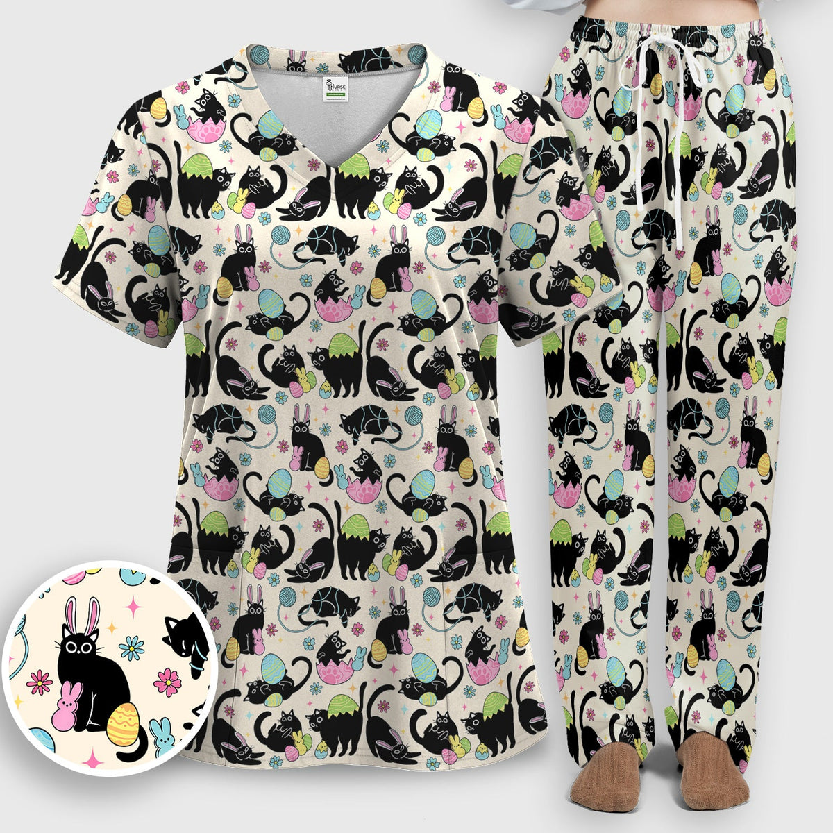 Funny Easter Black Cat Egg Pattern Scrub Set, Scrub Pants and V Neck Top