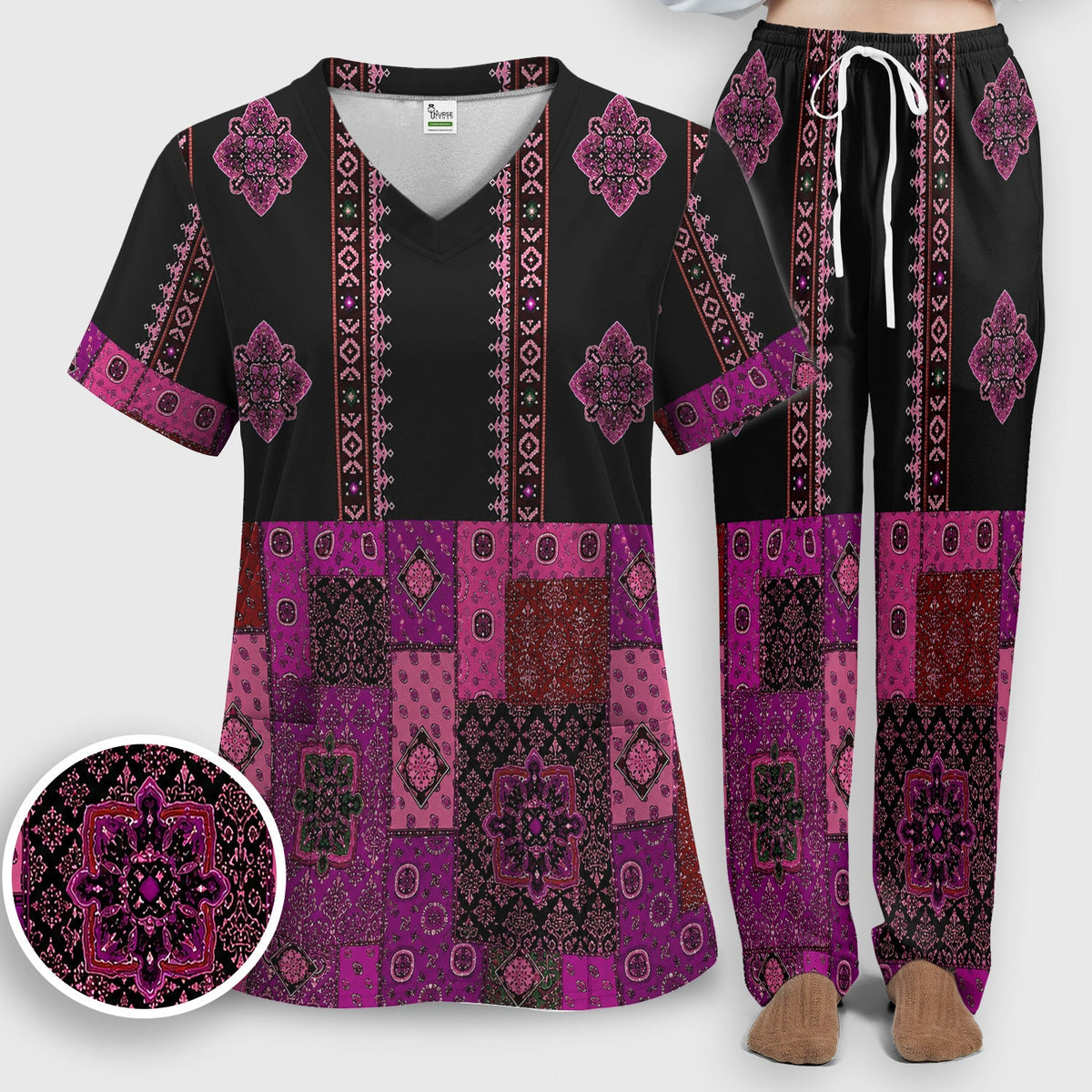 Boho Pink Bandana Patchwork Nurse Scrub Set