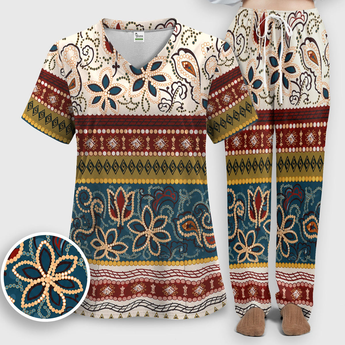 Boho Paisley Floral Stripe Nurse Scrub Set