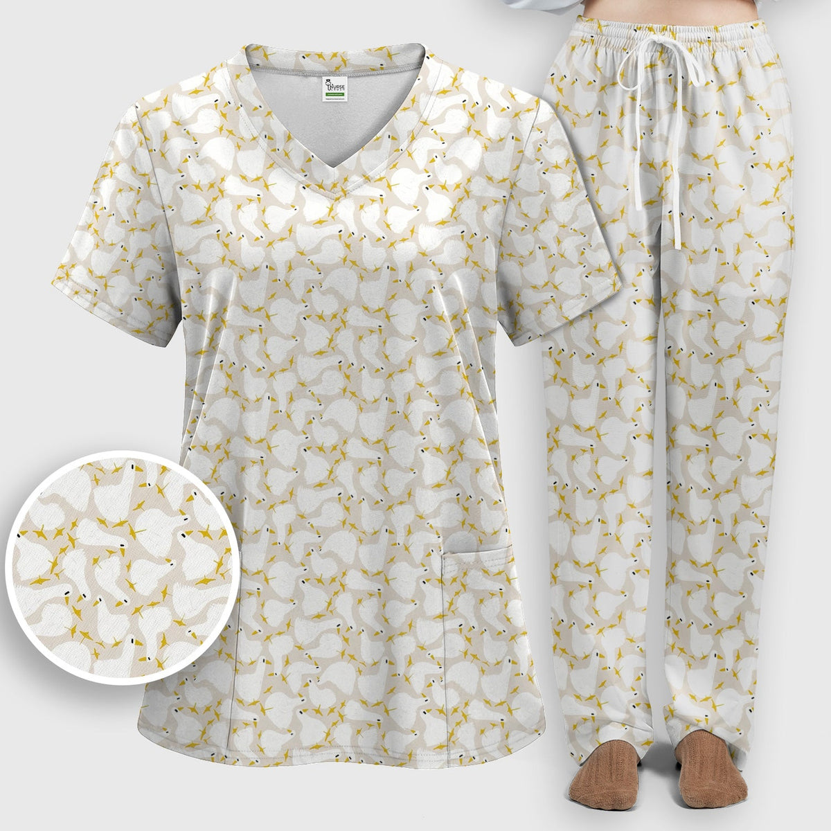 White Goose Yellow Star Nurse Scrub Set