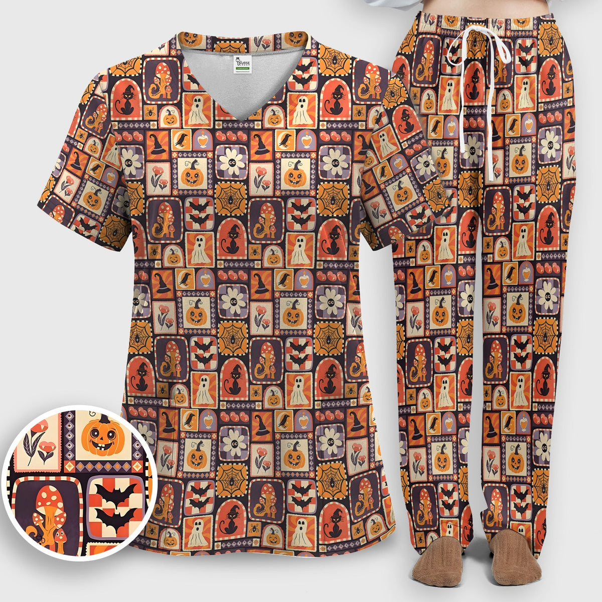 Retro Halloween Patchwork Nurse Scrub Set