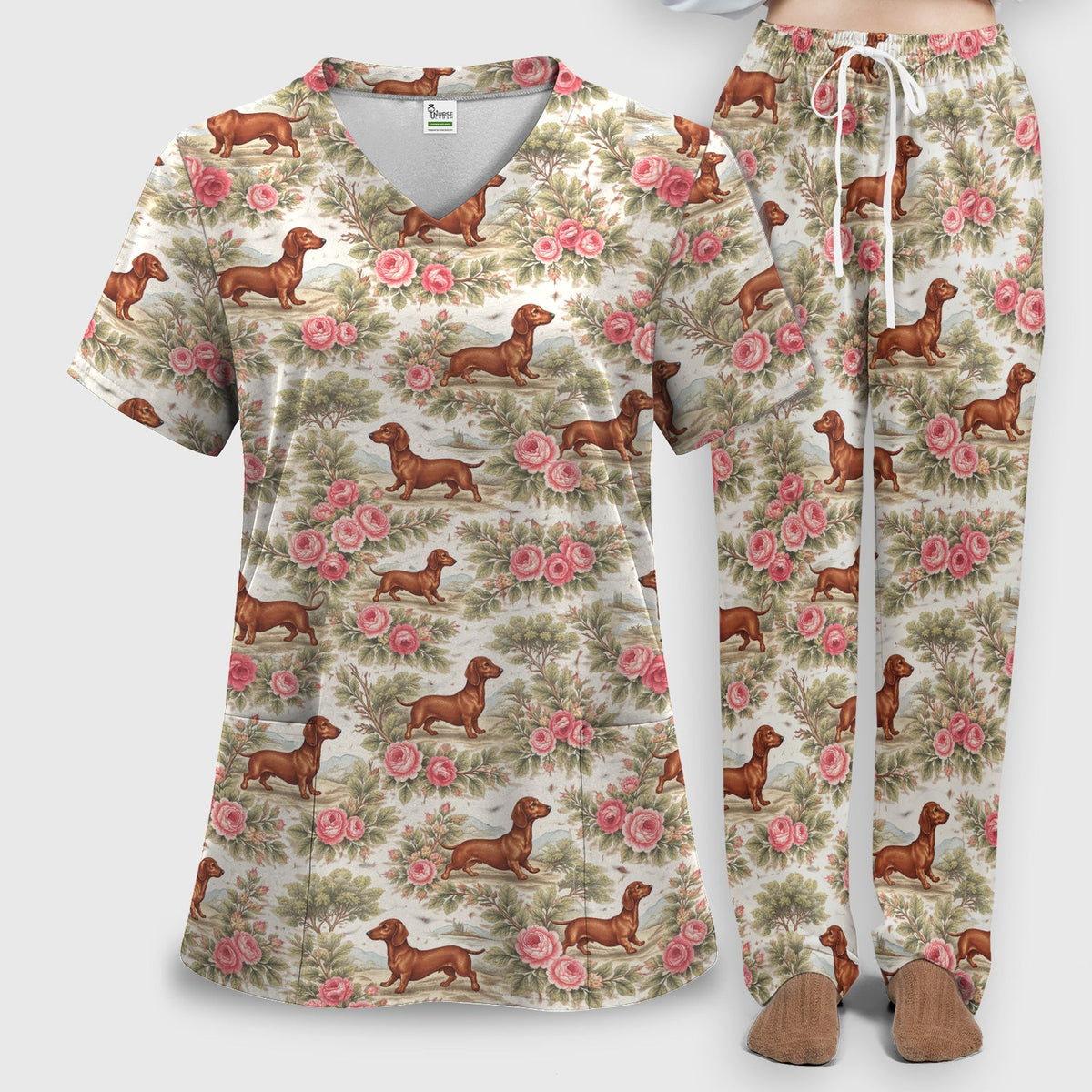 Vintage Dachshund Rose Floral Nurse Scrub Set