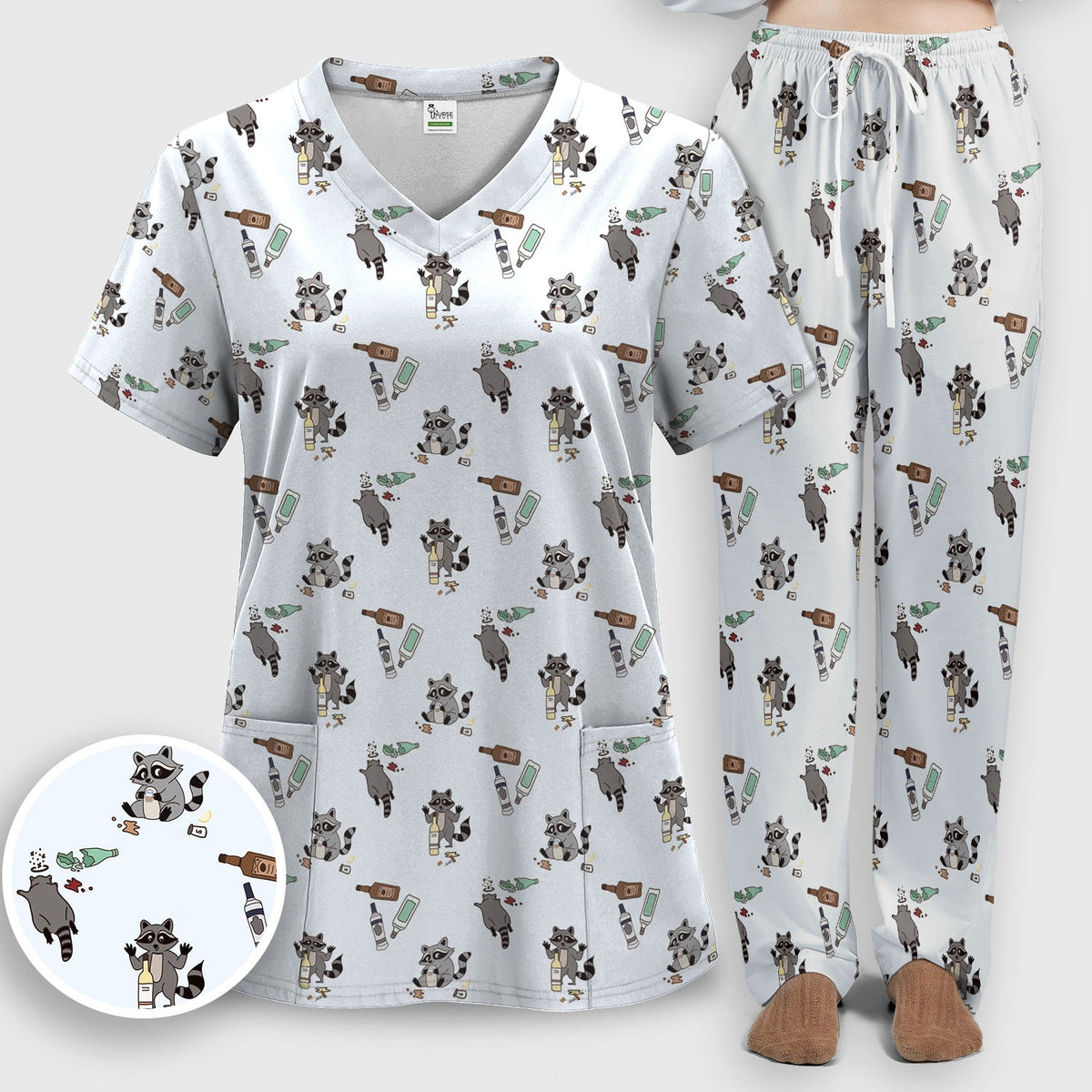 Messy Drunk Raccoon Nurse Scrub Set