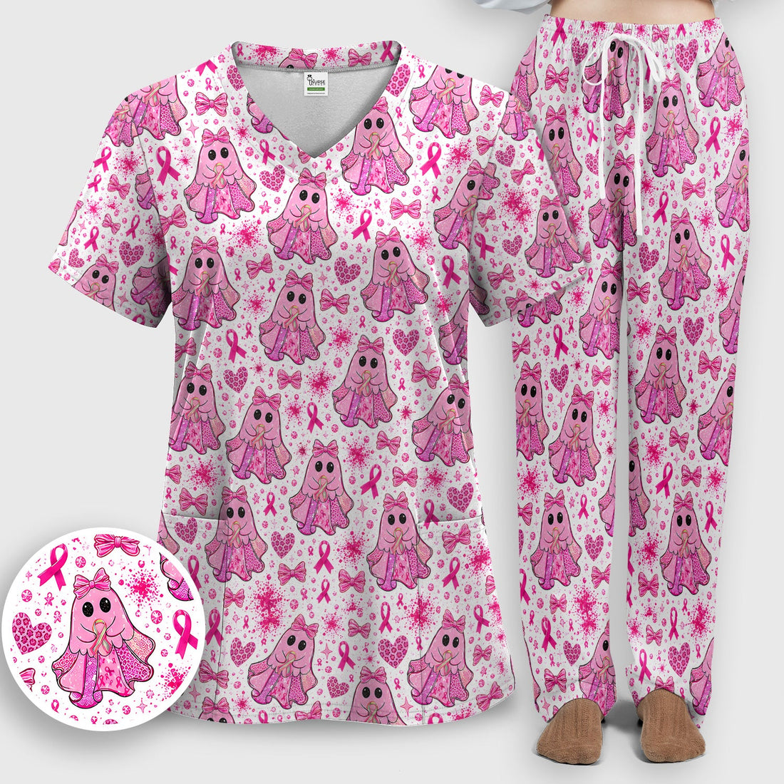 Breast Cancer Ribbon Ghost Princess Scrub Set, Scrub Pants and V Neck Top
