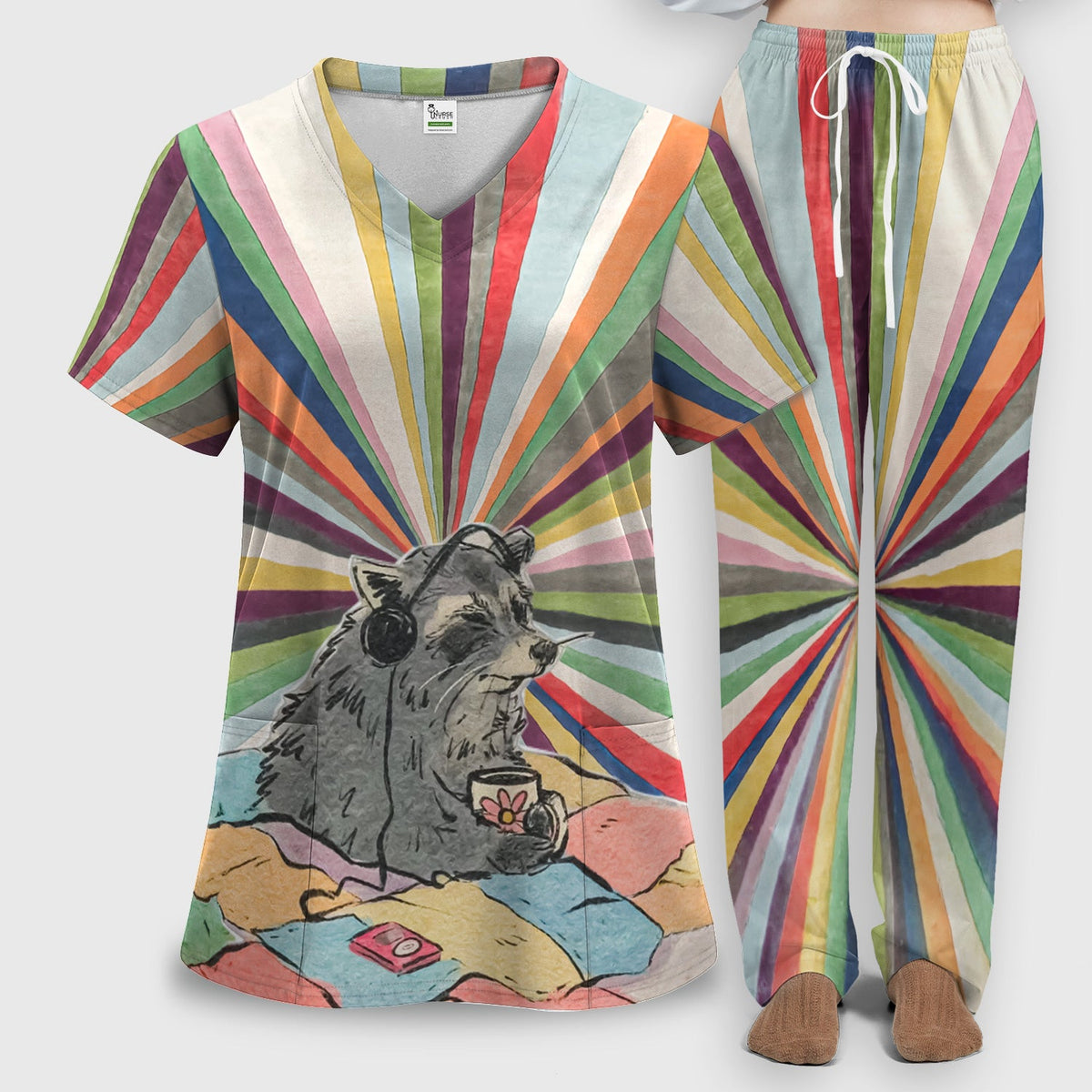 Chill Raccoon Rainbow Music Nurse Scrub Set