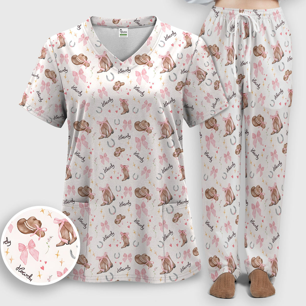Pink Cowgirl Boots Nurse Scrub Set
