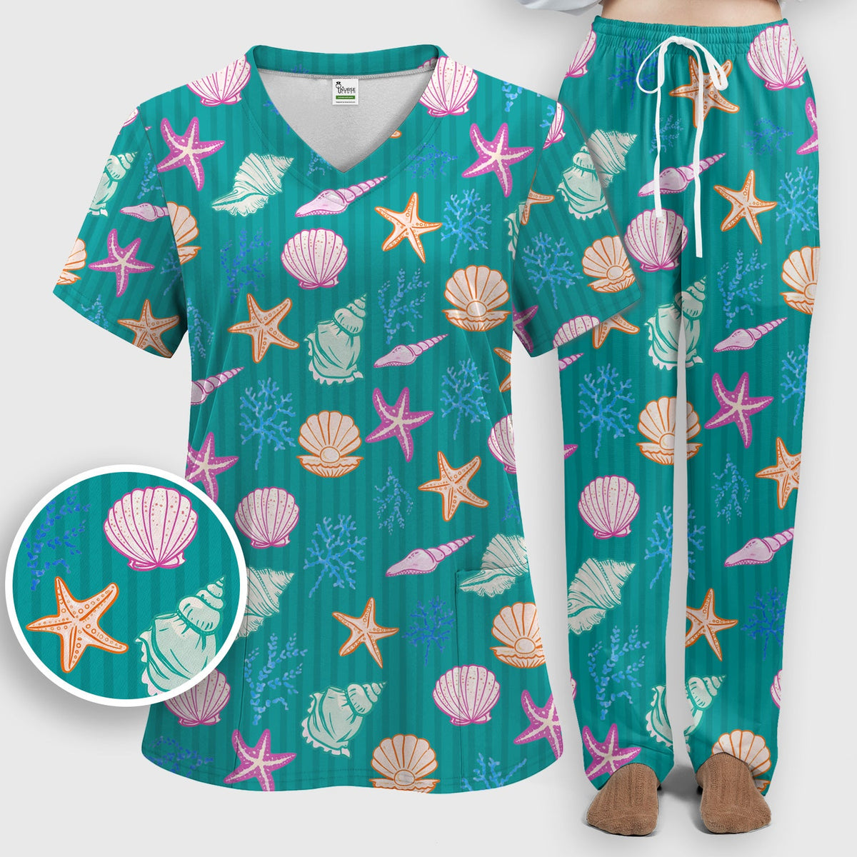 Colorful Seashell Starfish Ocean Stripe Nurse Scrub Set