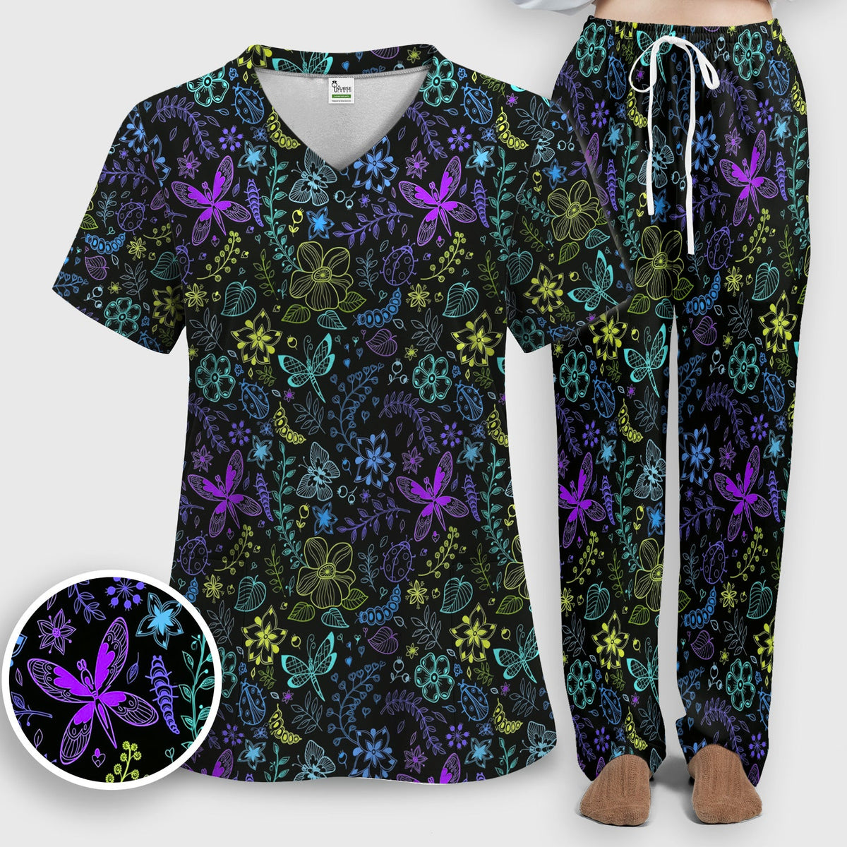 Neon Butterfly Floral Garden Nurse Scrub Set