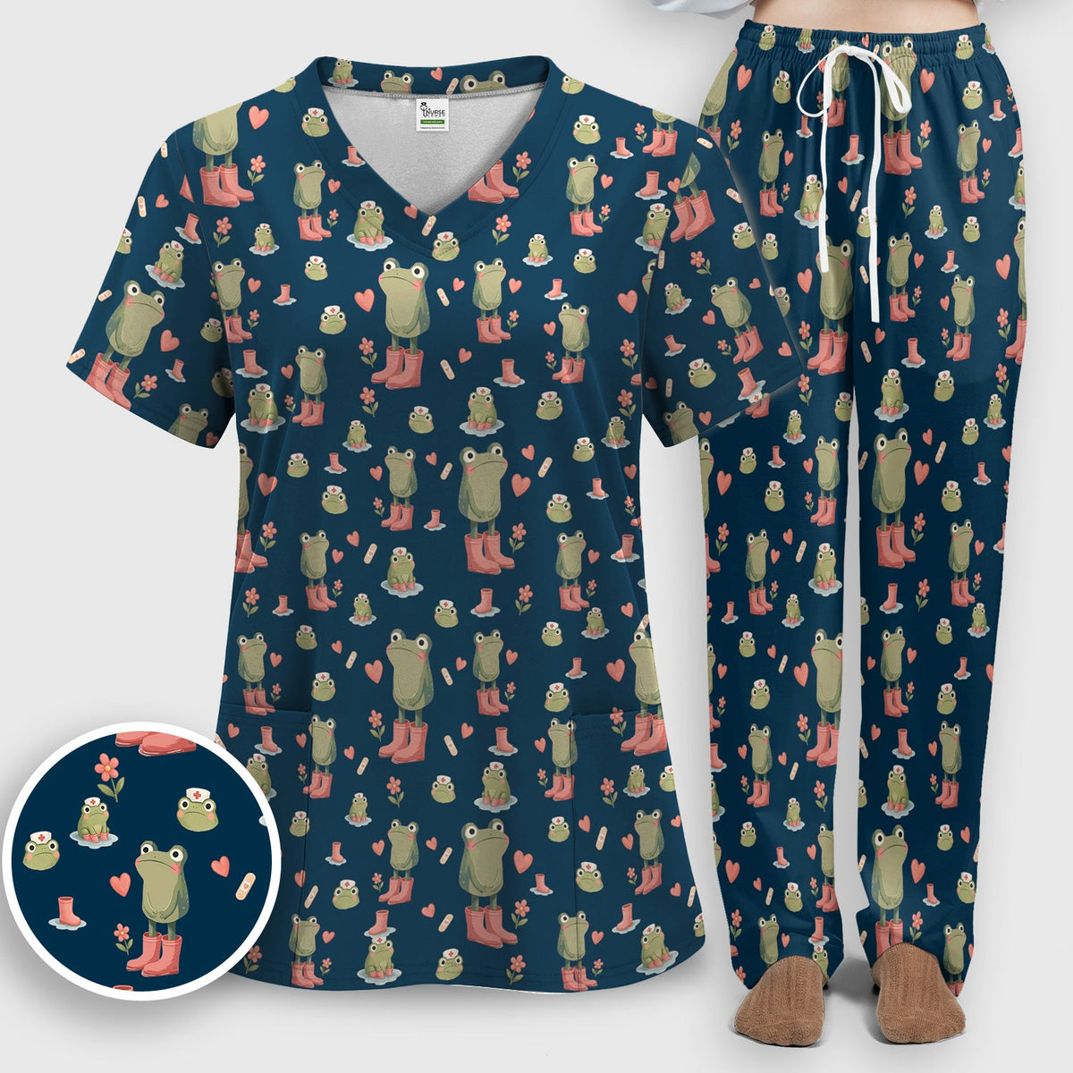 Adorable Frog Boots Heart Nurse Scrub Set