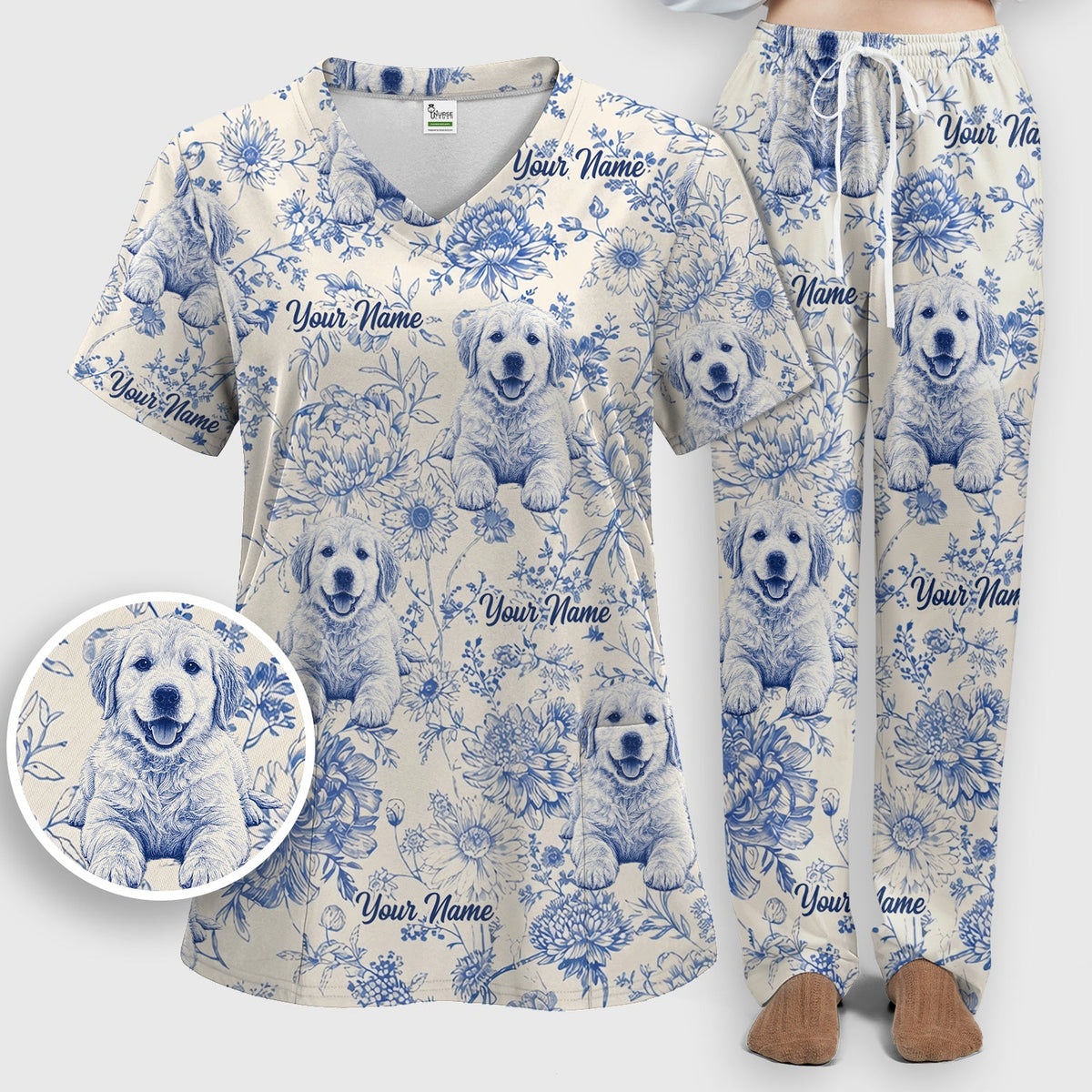Personalized Pet Photo Floral Nurse Scrub Set