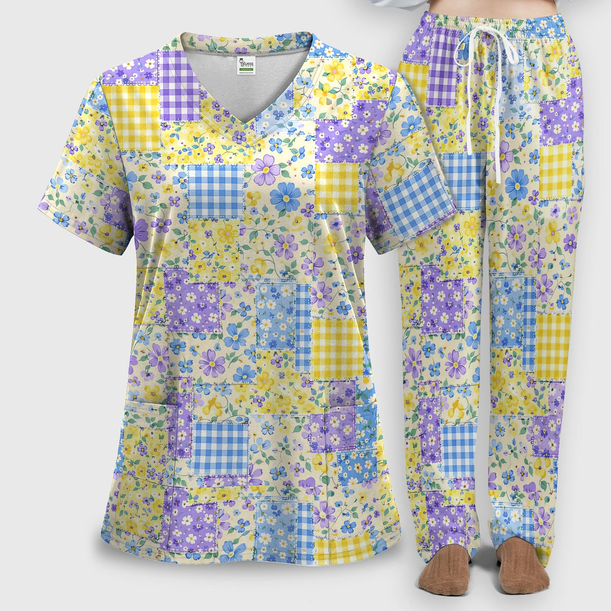 Floral Patchwork Gingham Nurse Scrub Set