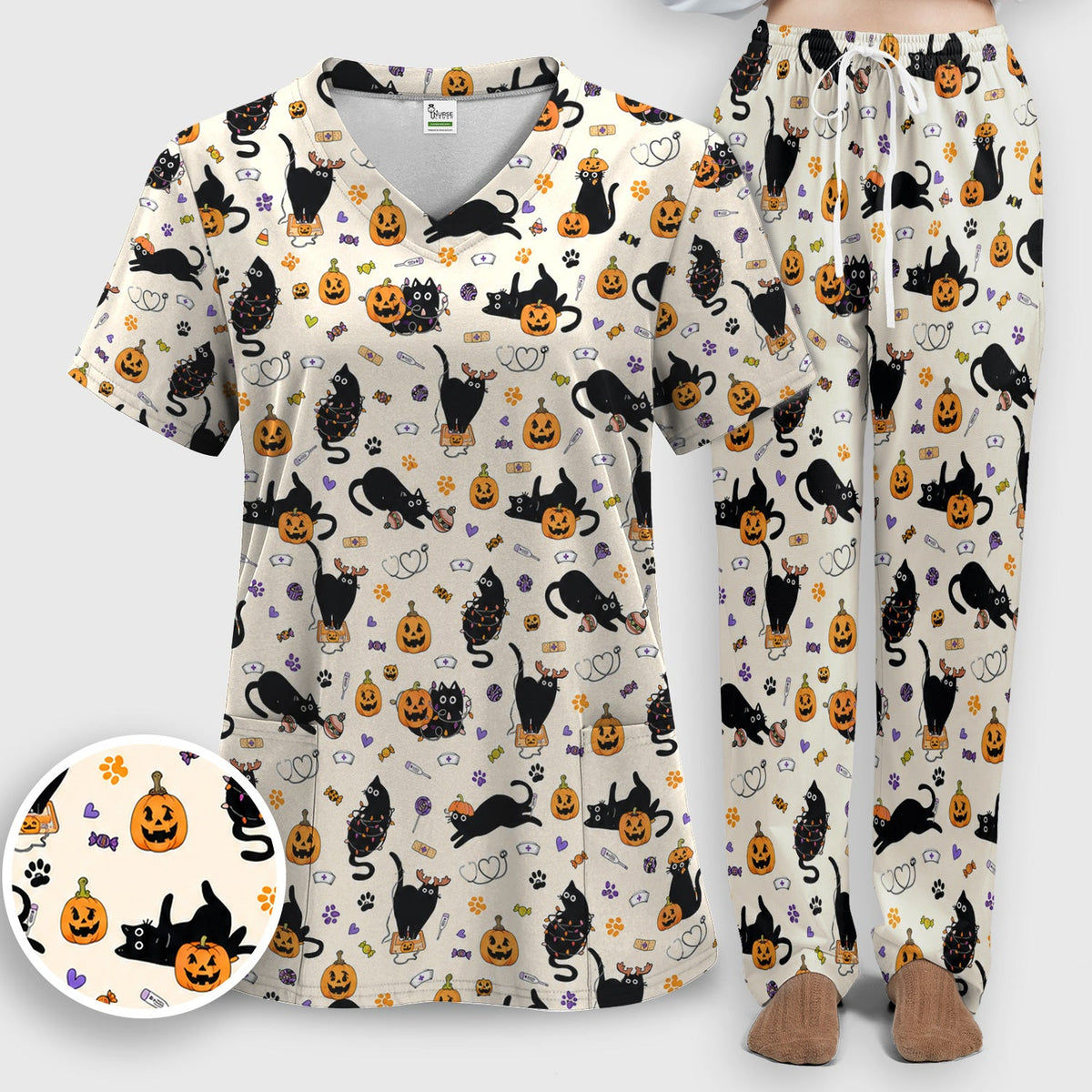 Pumpkin Black Cat Nurse Scrub Set