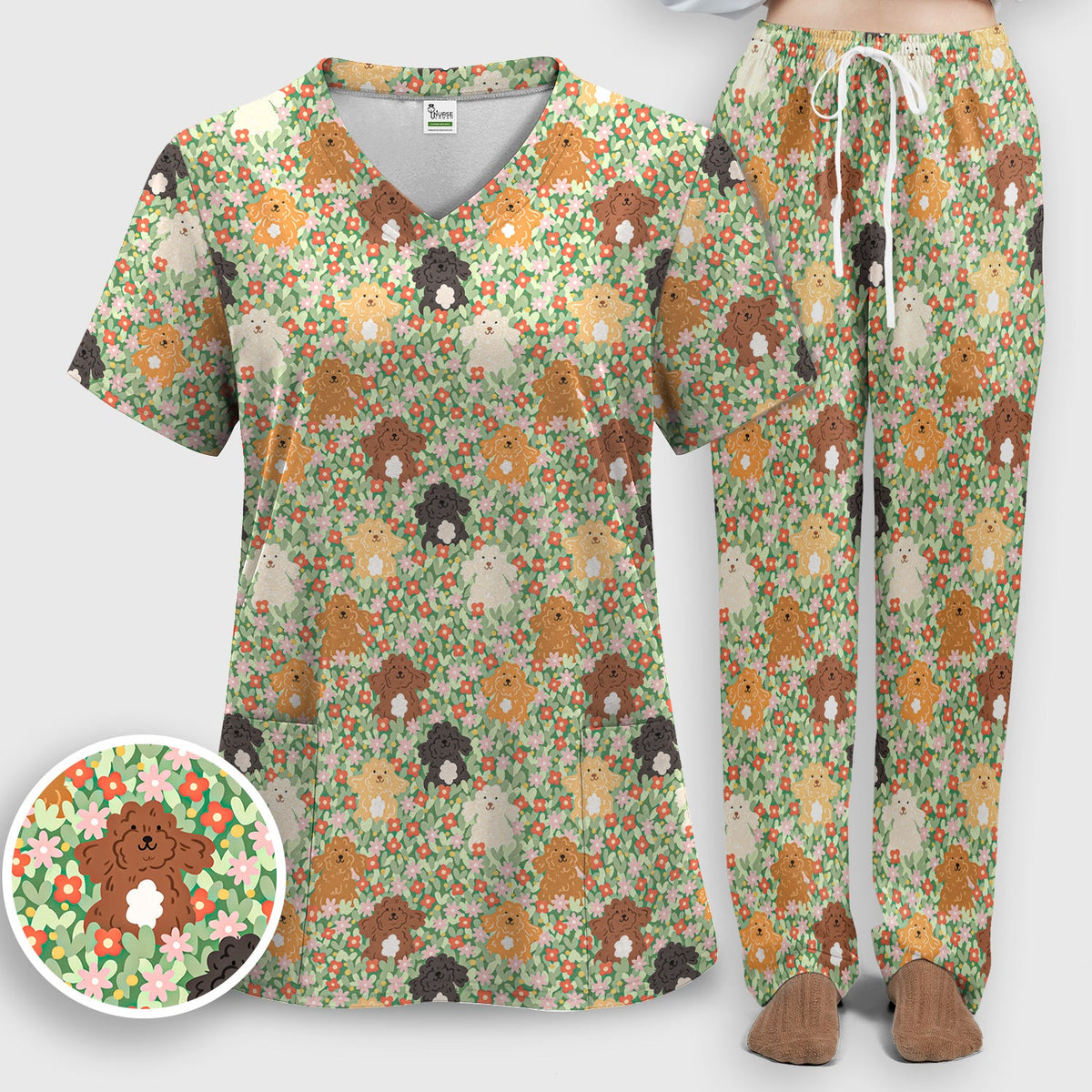 Poodle Dogs Floral Nurse Scrub Set