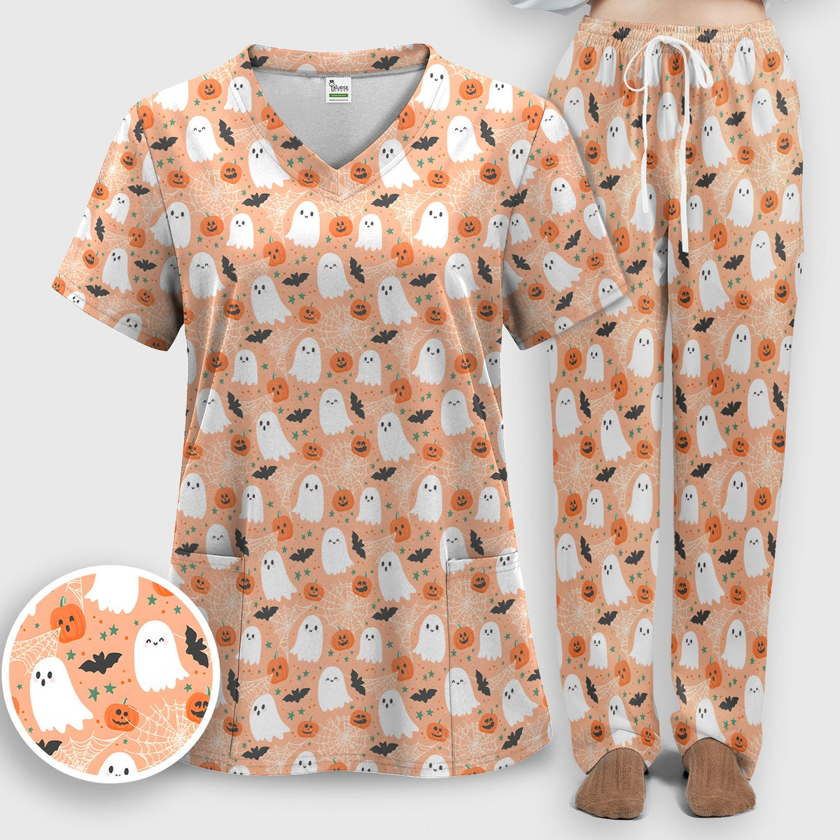 Halloween Ghost Pumpkin Nurse Scrub Set