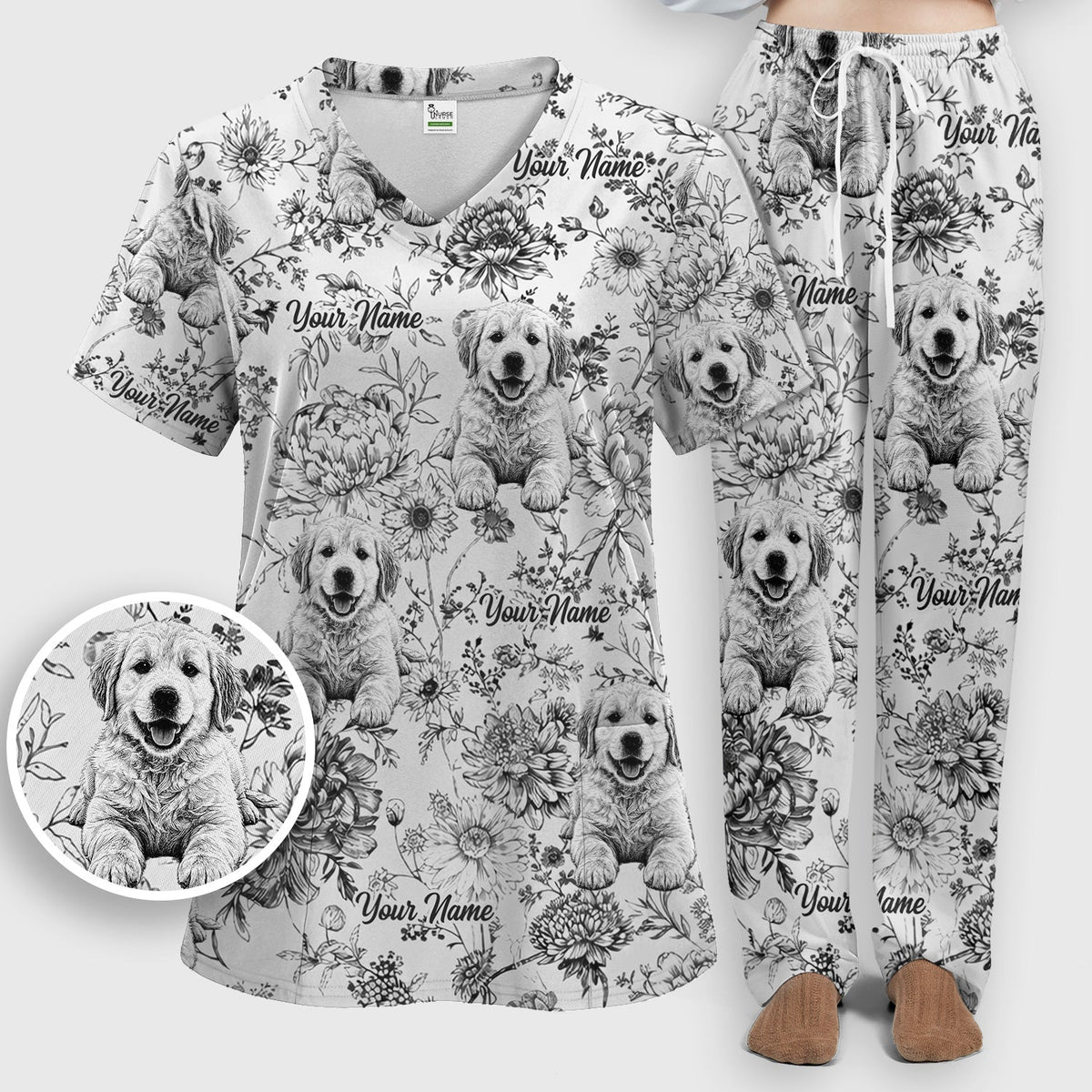 Personalized Pet Photo Floral Nurse Scrub Set