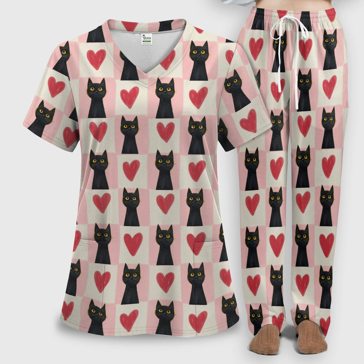 Cute Black Cat Heart Nurse Scrub Set