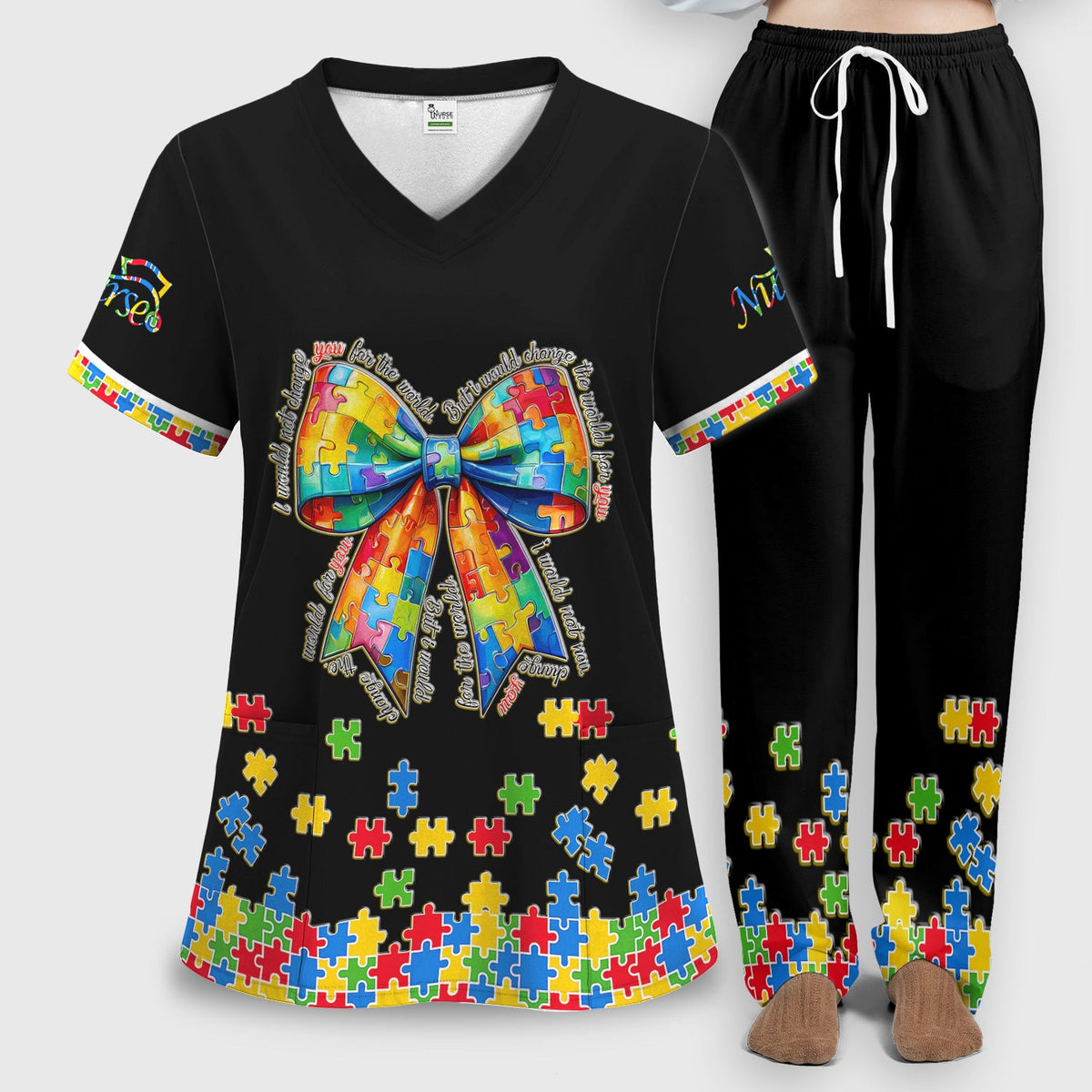 Autism Puzzle Bow Colorful Pieces Nurse Scrub Set