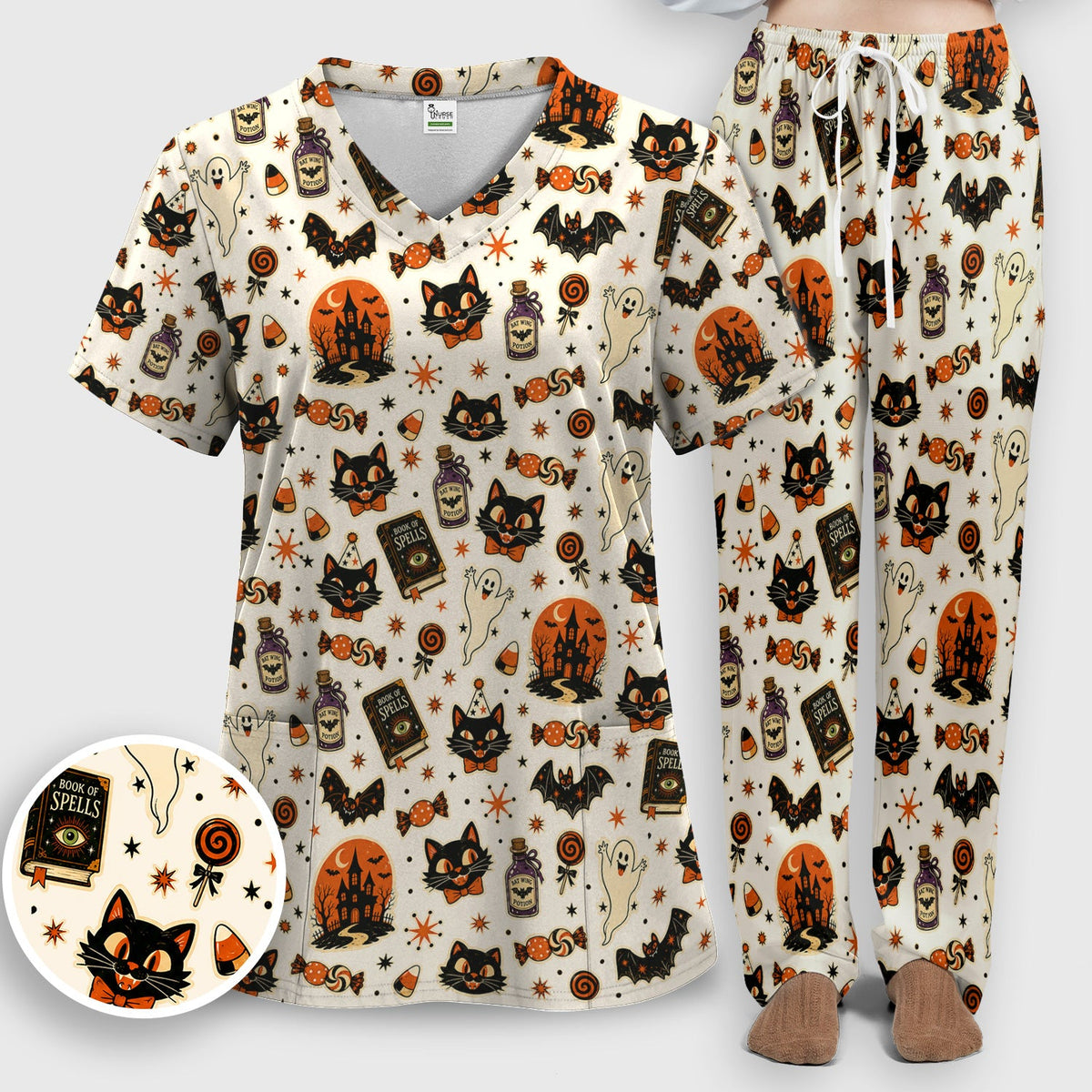 Black Cat Ghost Candy Nurse Scrub Set - Halloween Gift