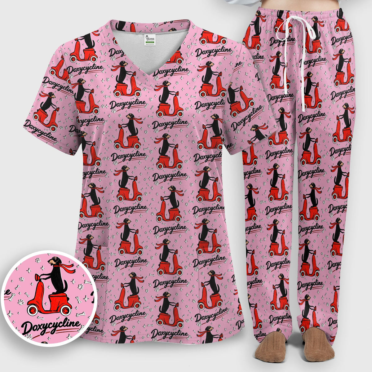 Dachshund Riding Scooter Nurse Scrub Set