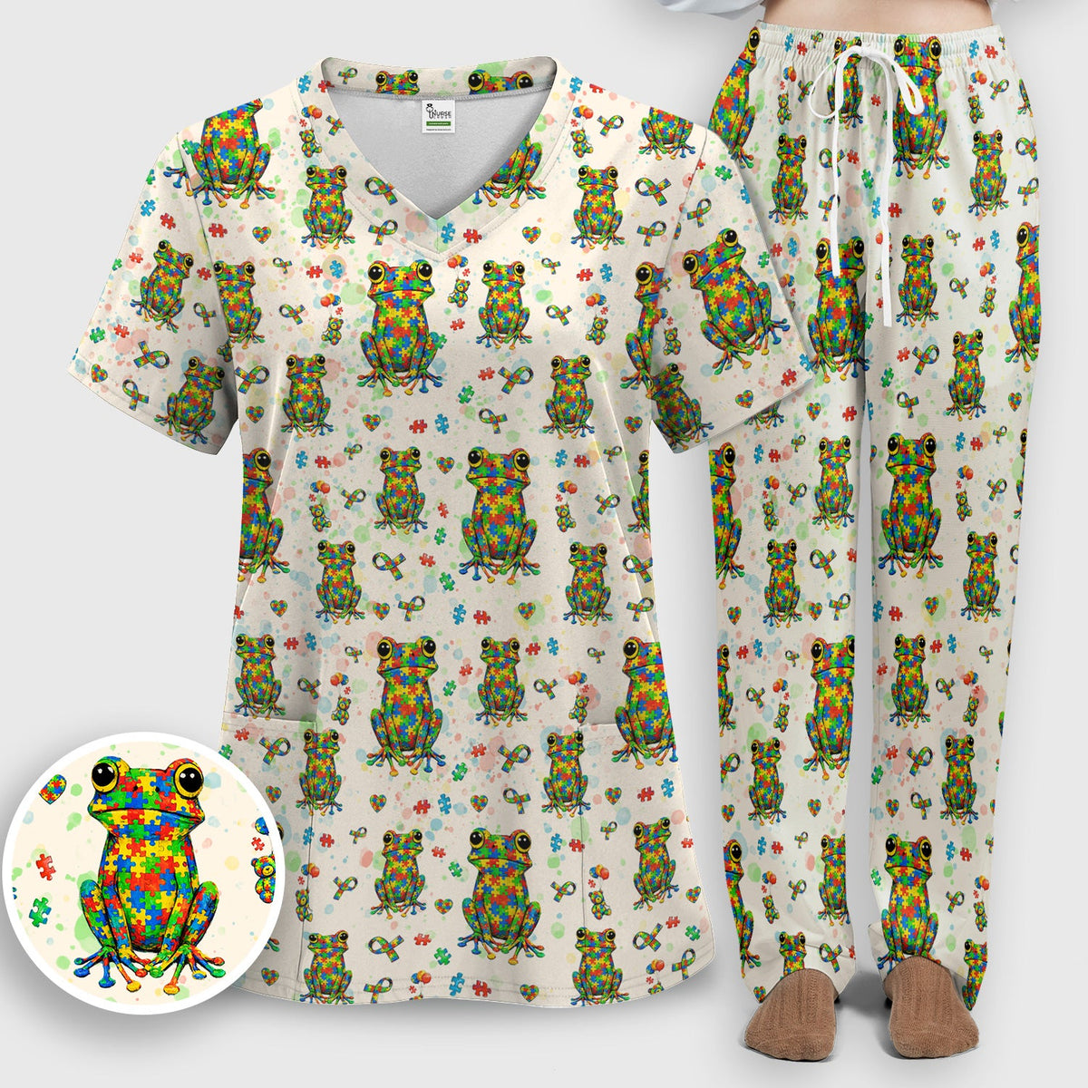Colorful Autism Puzzle Frog Nurse Scrub Set