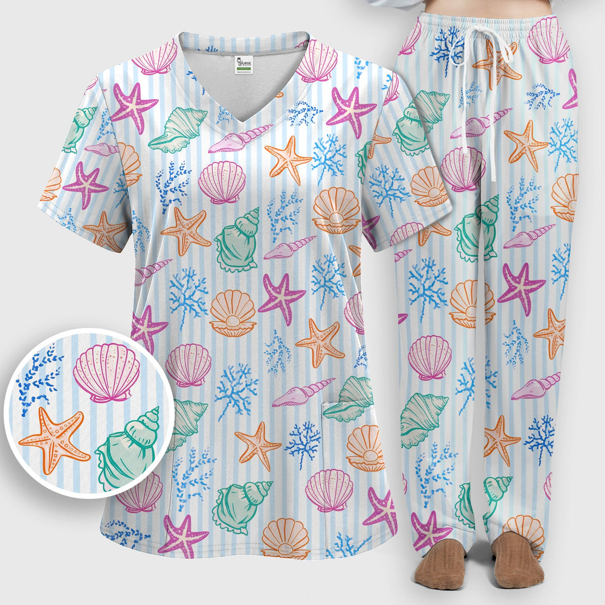 Colorful Seashell Starfish Ocean Stripe Nurse Scrub Set