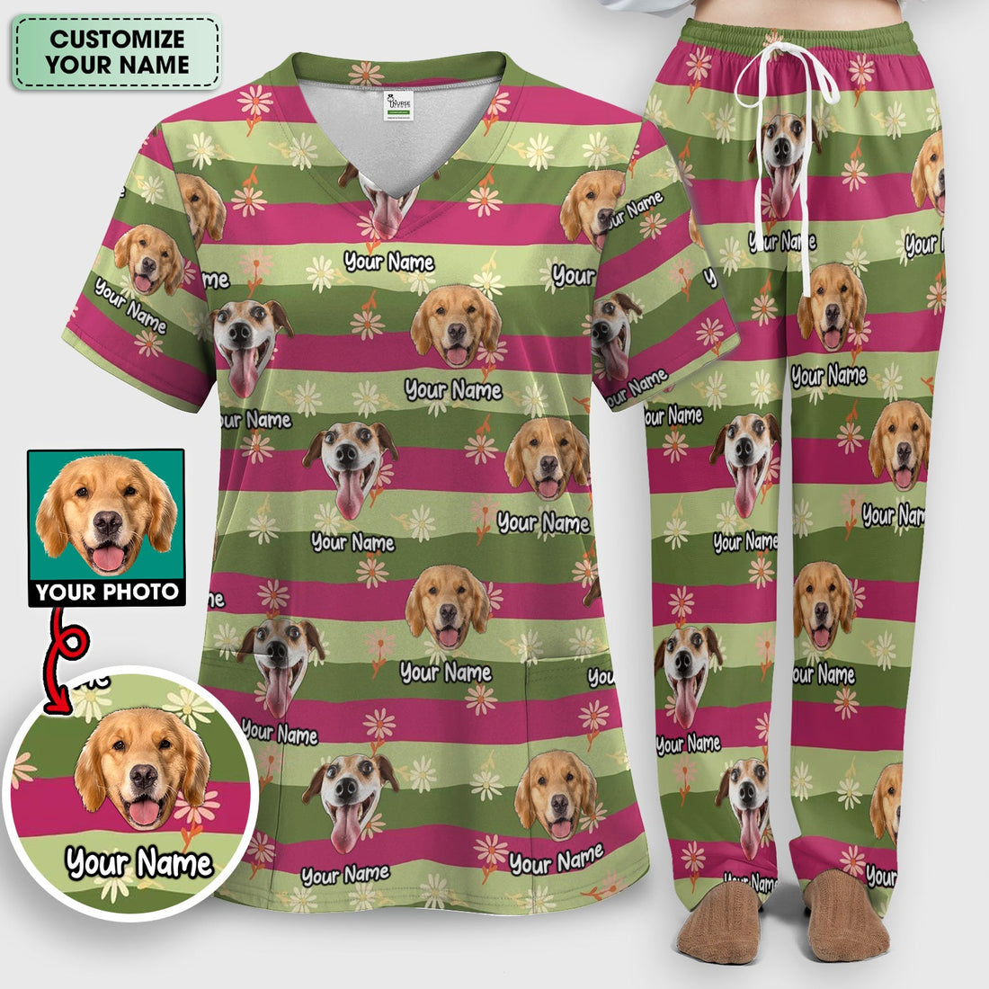 Personalized Dog Photo Spring Stripes Nurse Scrub Set