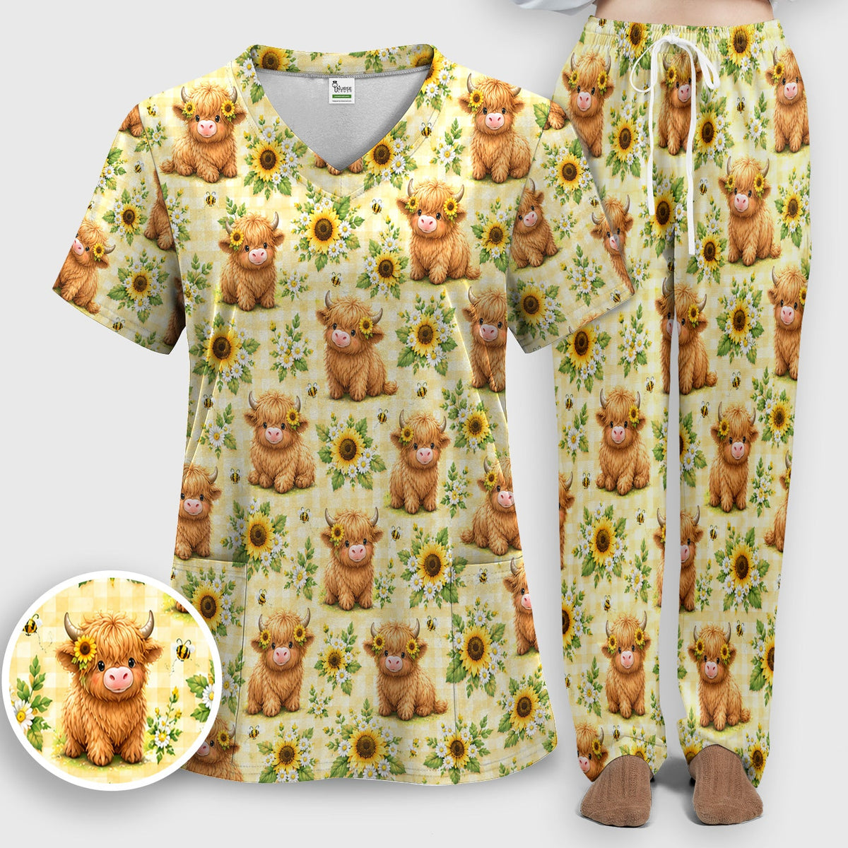 Sunflower Highland Cow Bee Nurse Scrub Set