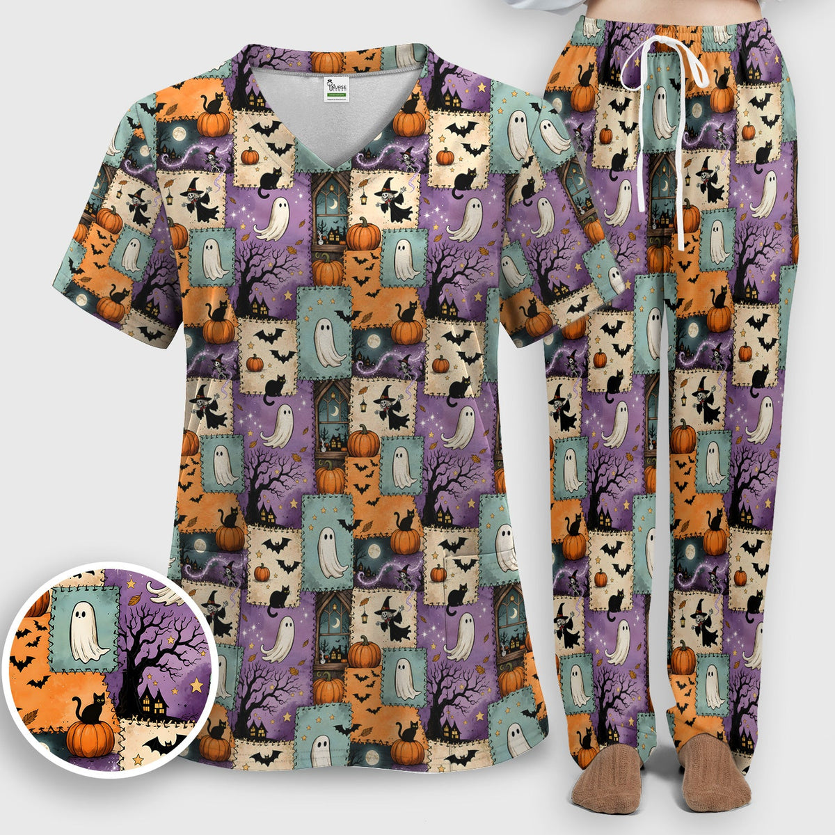 Spooky Ghost Black Cat Patchwork Nurse Scrub Set