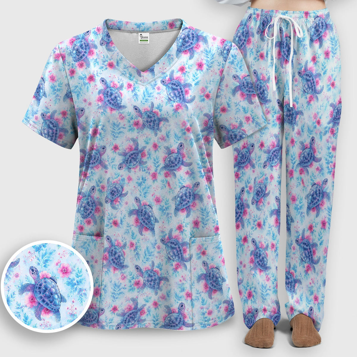 Sea Turtle Floral Nurse Scrub Set