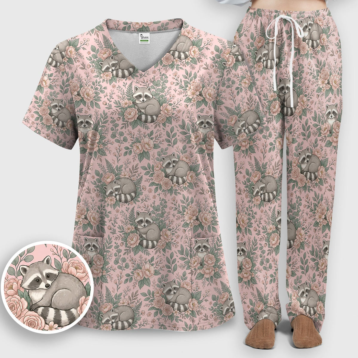 Sleeping Raccoon Rose Garden Nurse Scrub Set