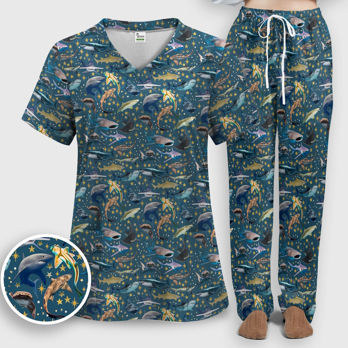 Colorful Shark Ocean Nurse Scrub Set