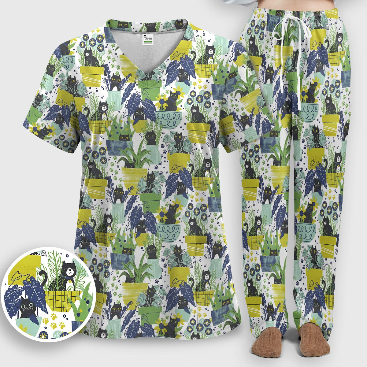 Black Cat Planter Garden Nurse Scrub Set