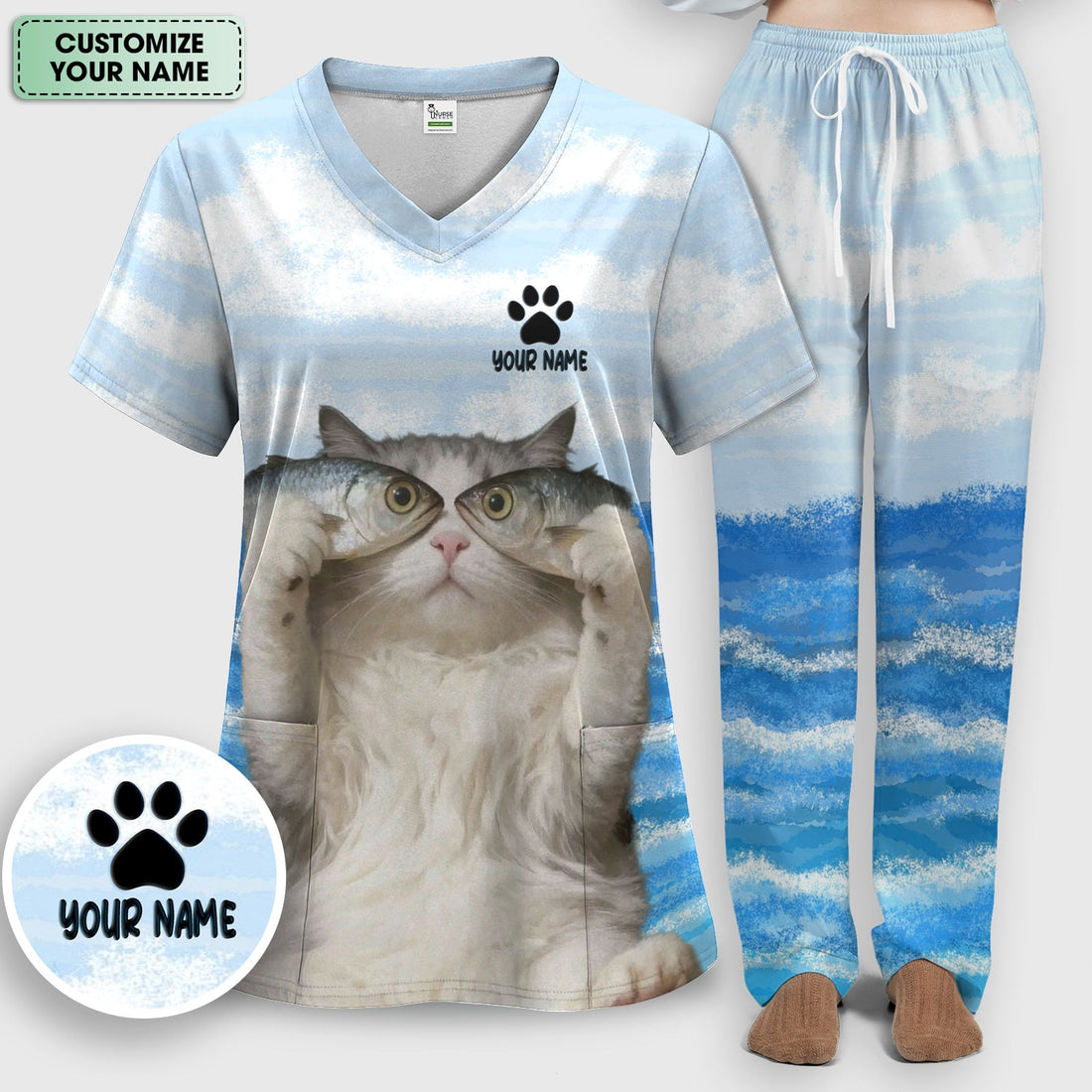 Personalized Cat Holding Fish Nurse Scrub Set