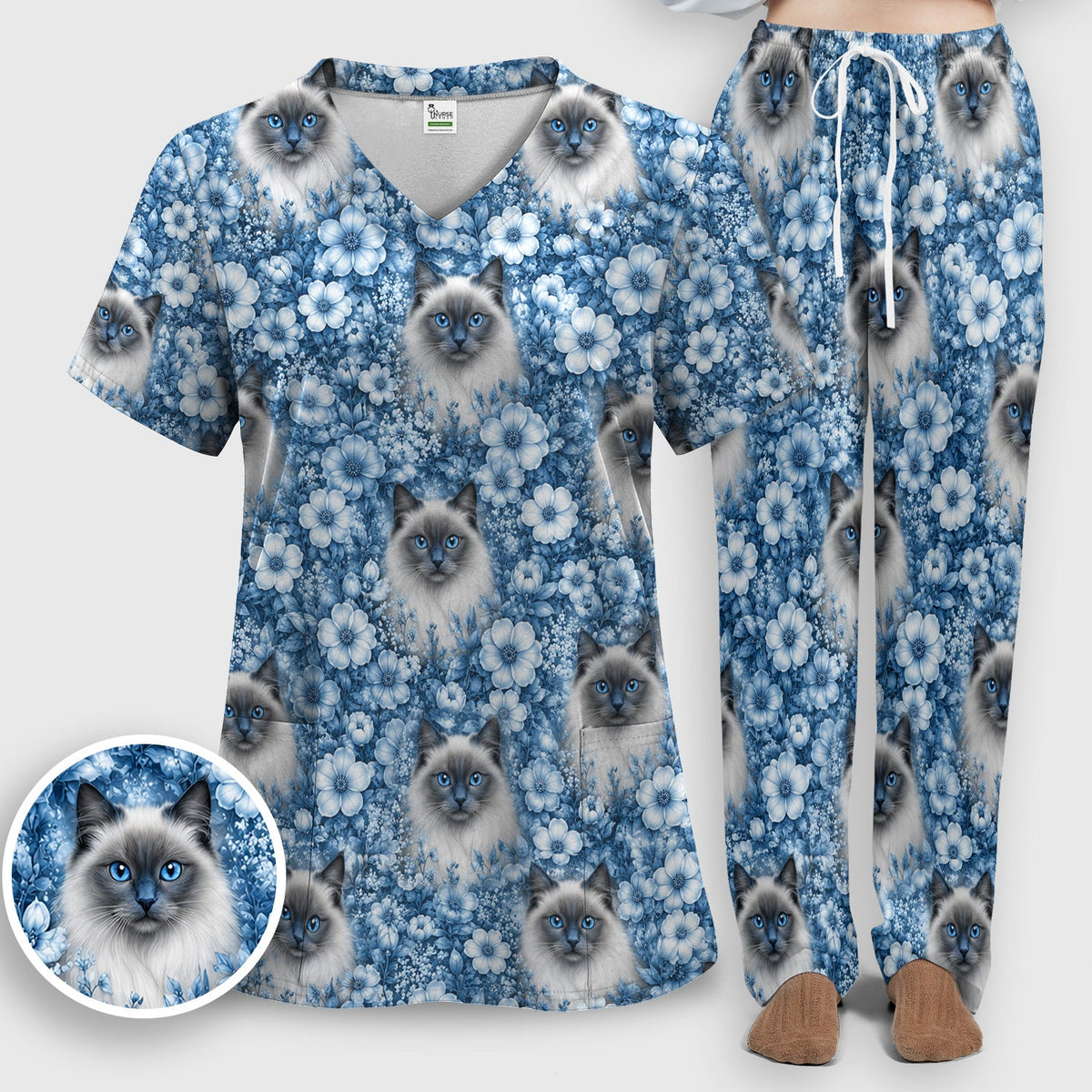 Blue Floral Ragdoll Cat Nurse Scrub Set