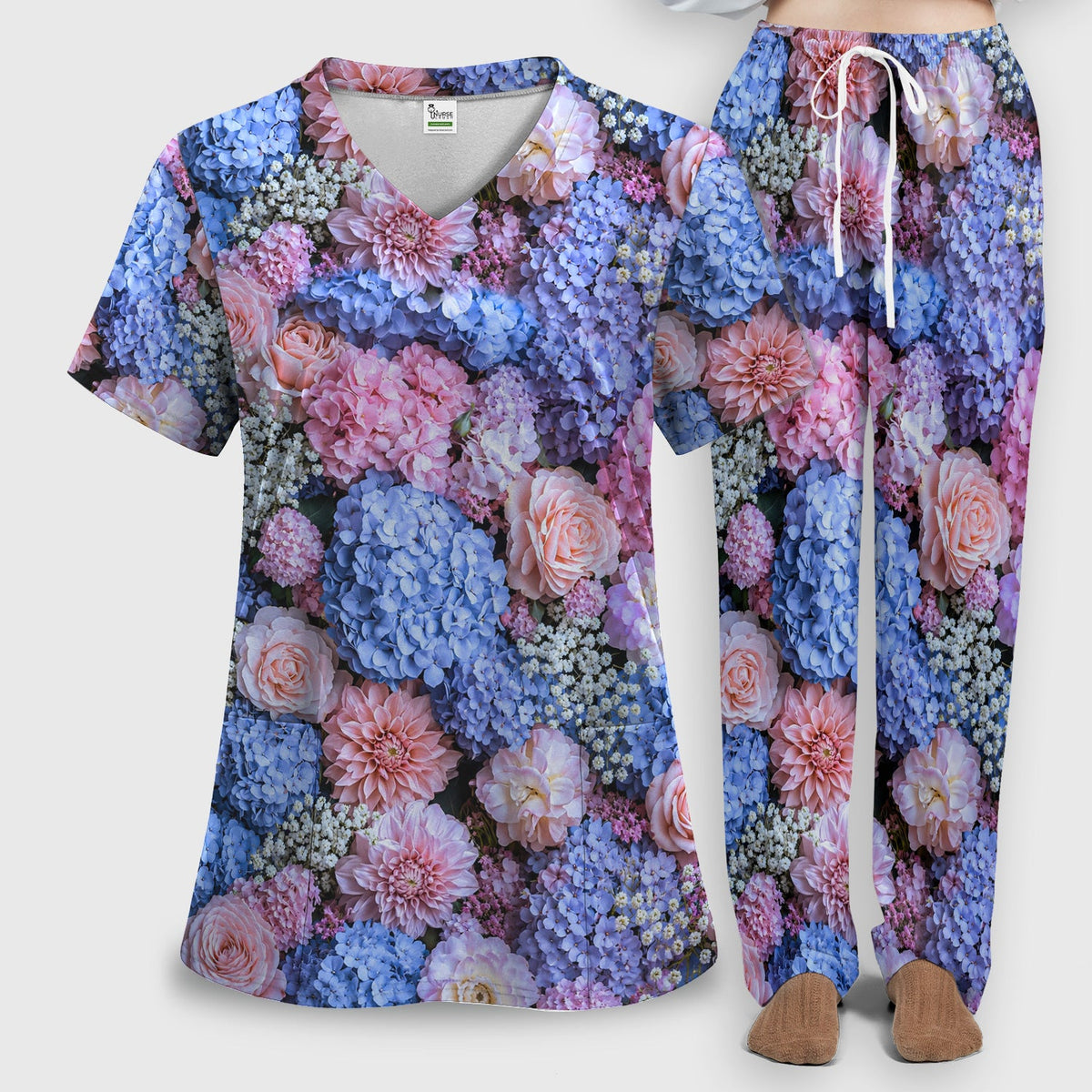 Pastel Hydrangea Rose Blossom Nurse Scrub Set