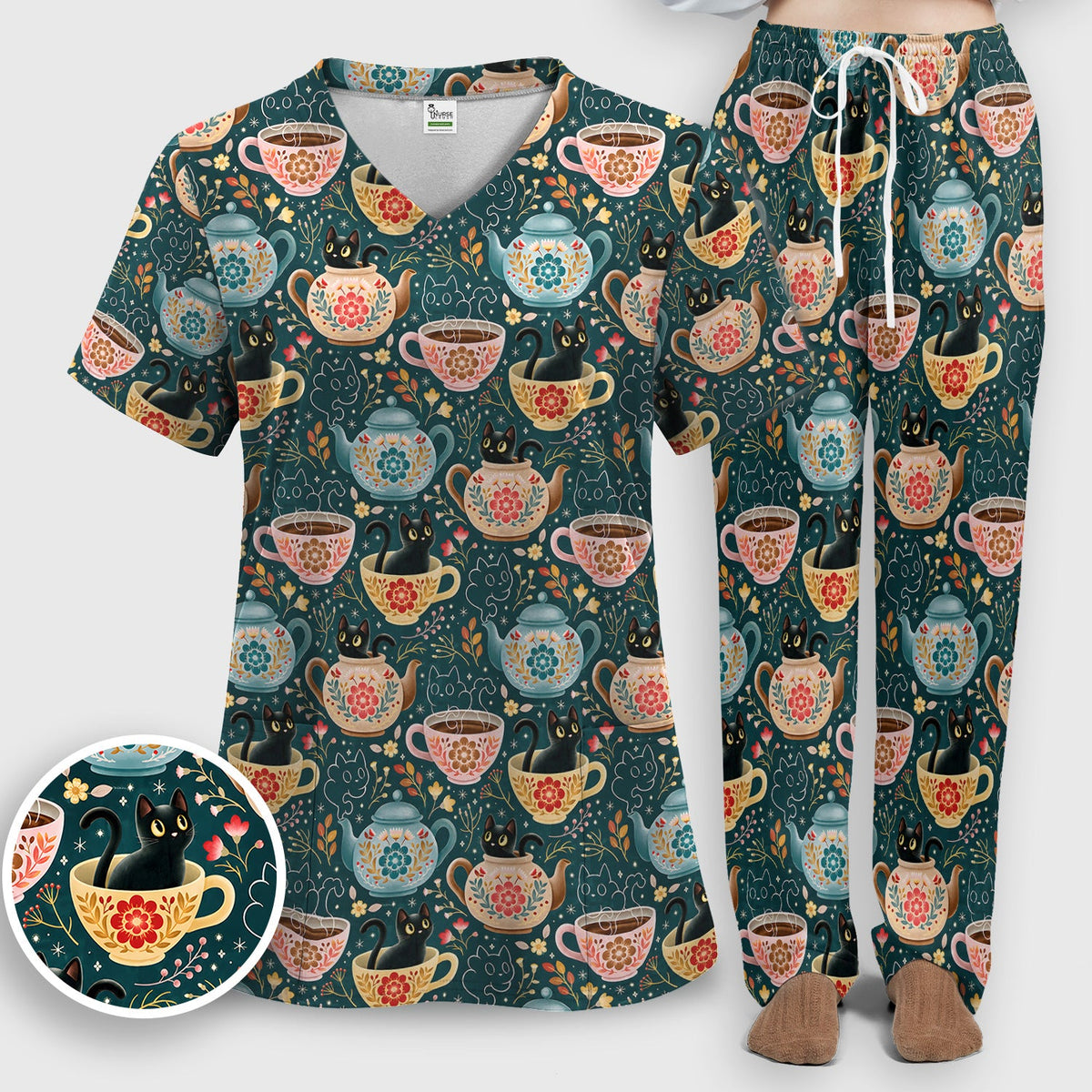 Black Cat Tea Party Veterinary Nurse Scrub Set