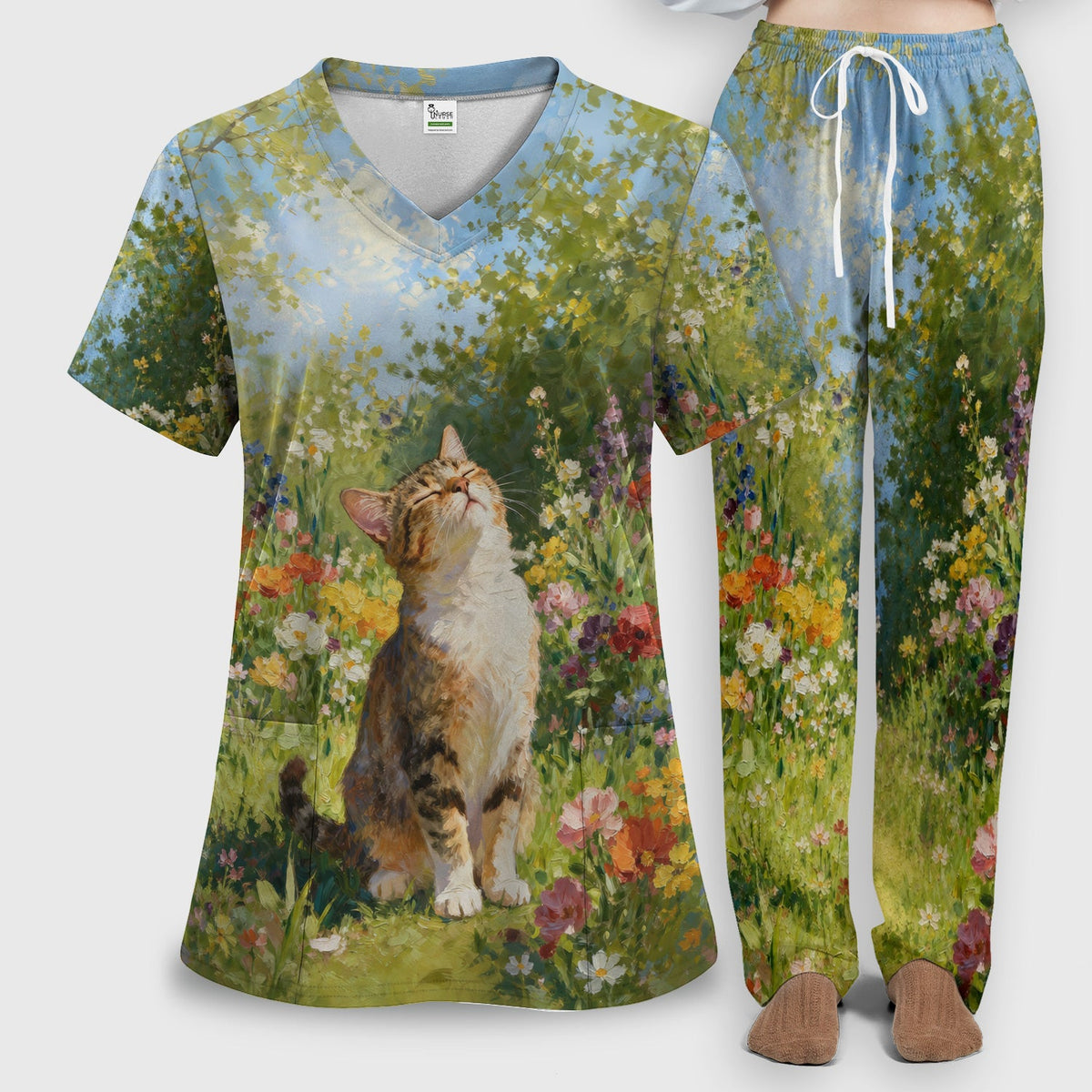 Whimsical Garden Cat Blossom Nurse Scrub Set