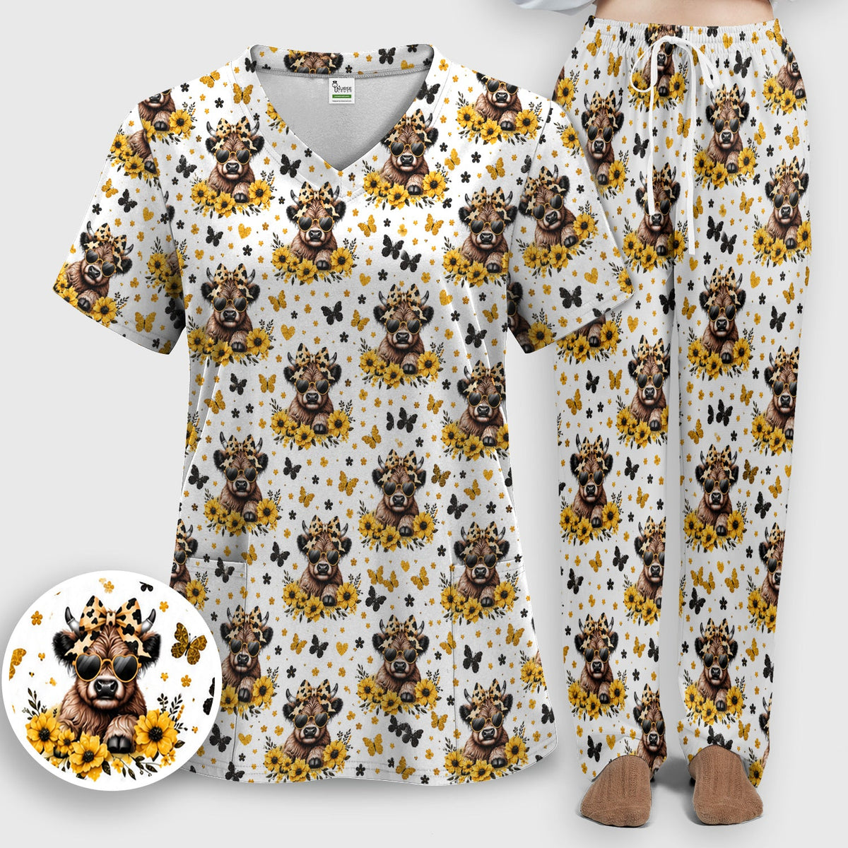 Cow Sunflower Bow Nurse Scrub Set