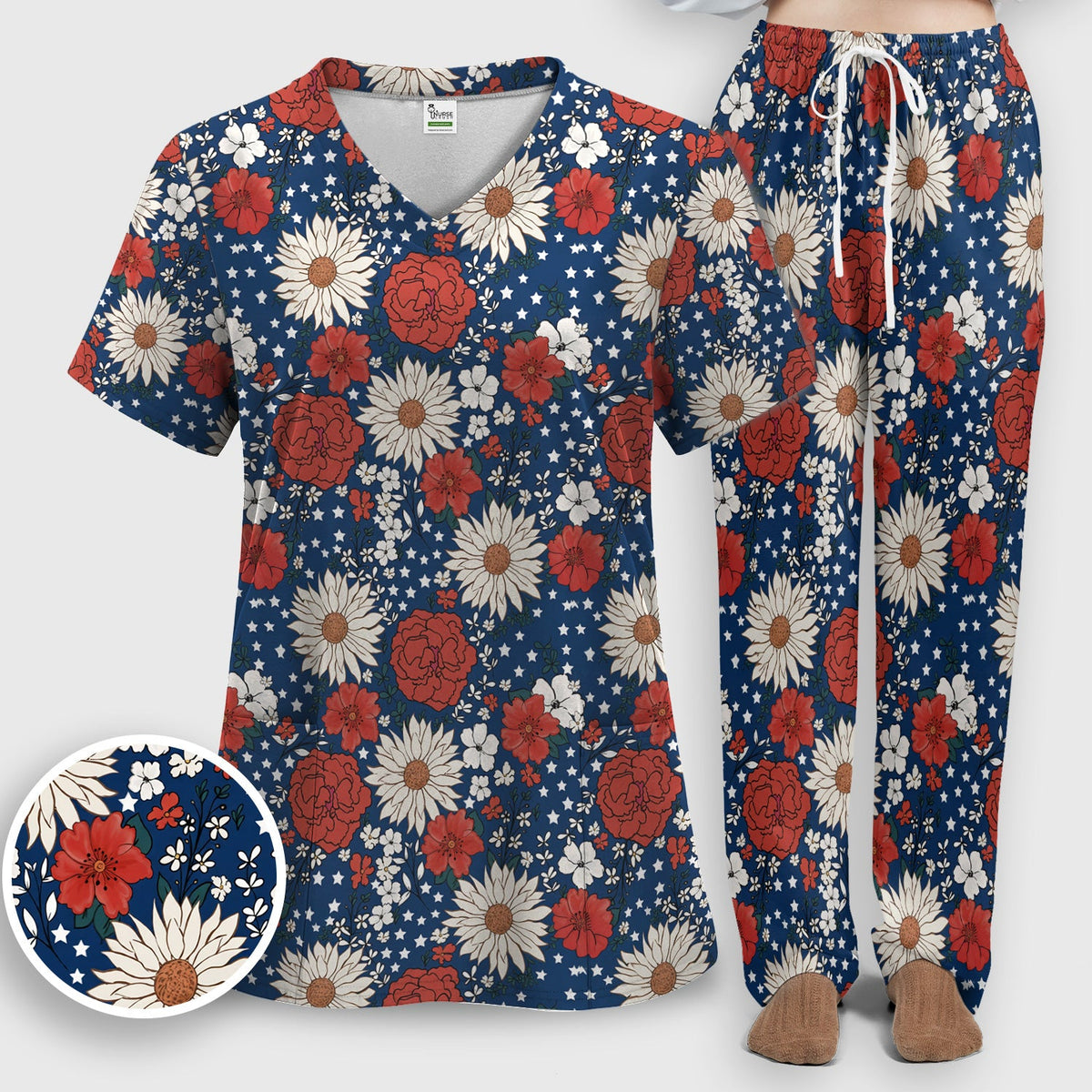 Red White Blue Floral Nurse Scrub Set