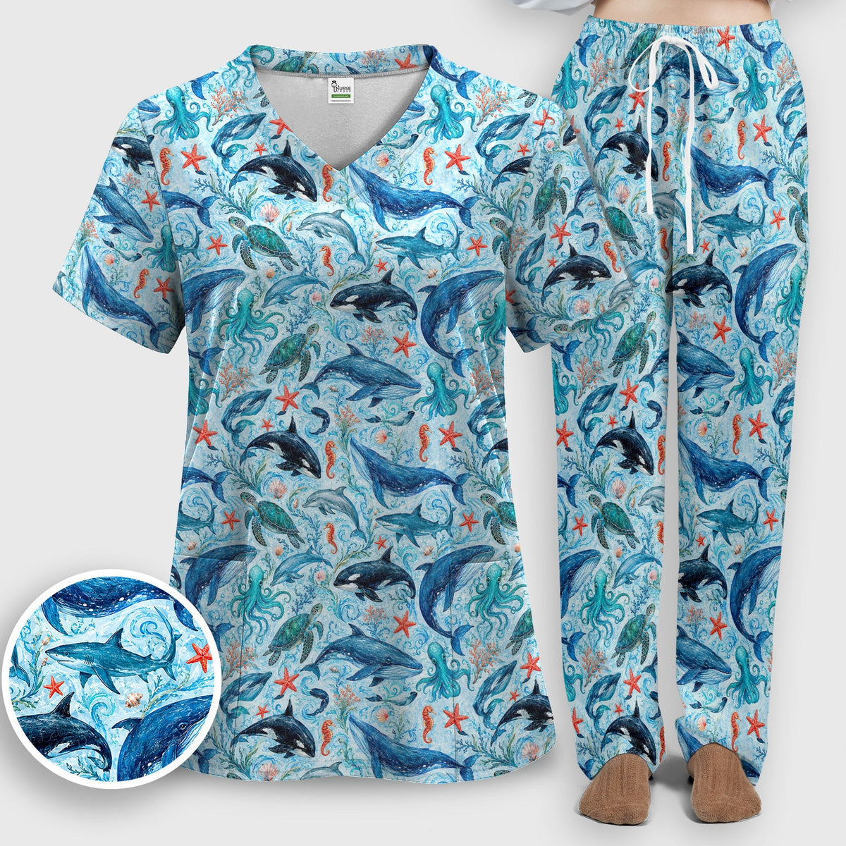 Watercolor Ocean Wildlife Scene Nurse Scrub Set