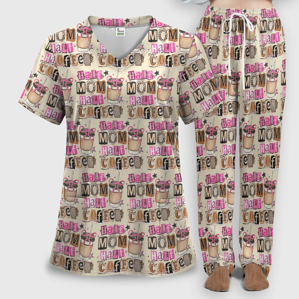 Half Mom Half Coffee Nurse Scrub Set