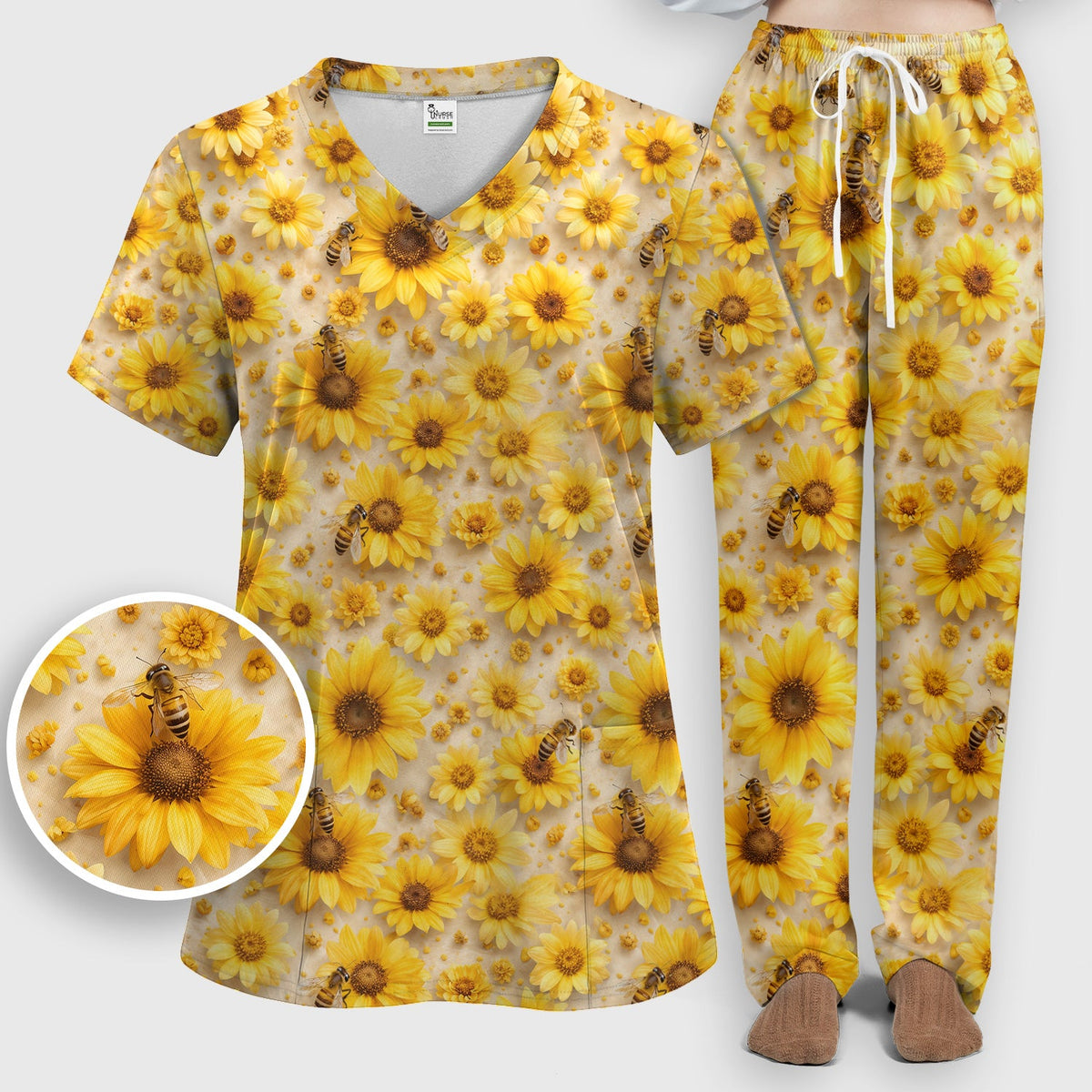 Yellow Sunflower Bee Garden Nurse Scrub Set