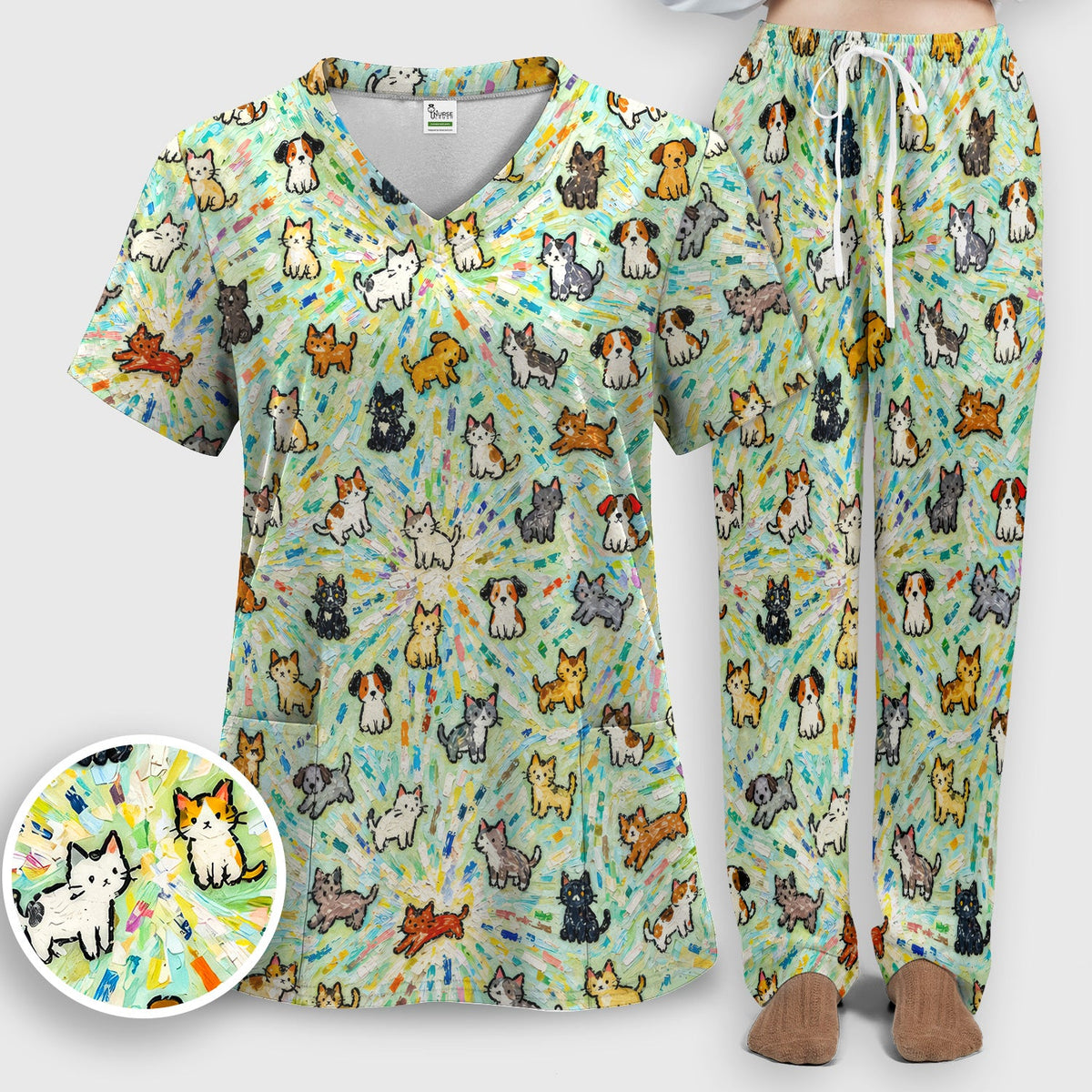 Colorful Cats Dogs Doodle Nurse Scrub Set